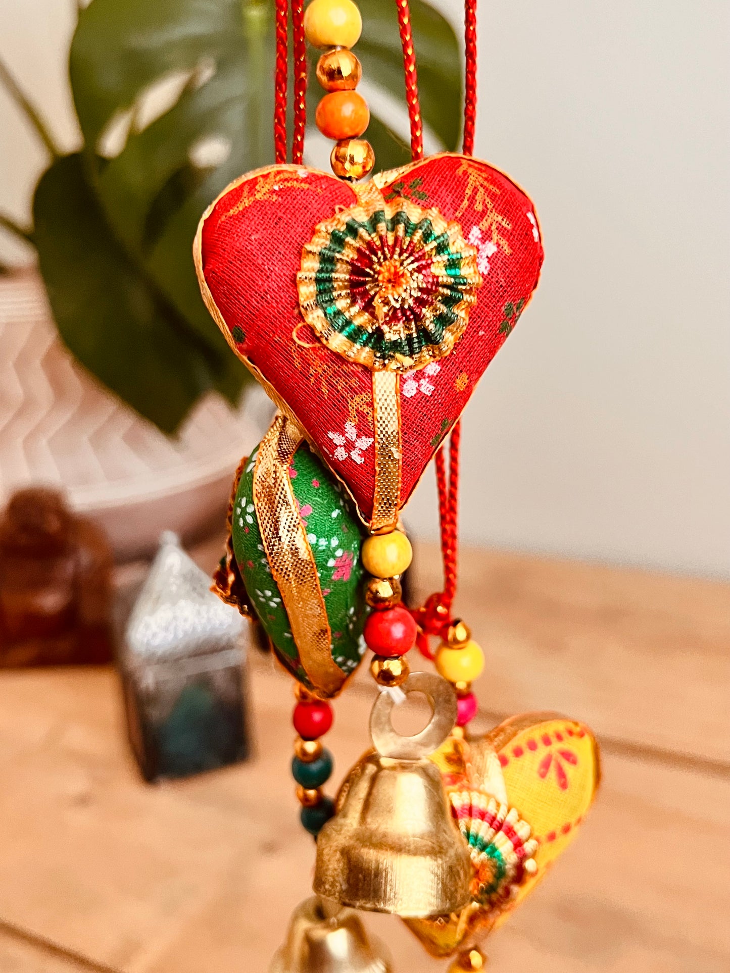 Handmade & Fair Trade Fabric Heart Bell In Recycled Sari Material Hippie Bohemian Decor