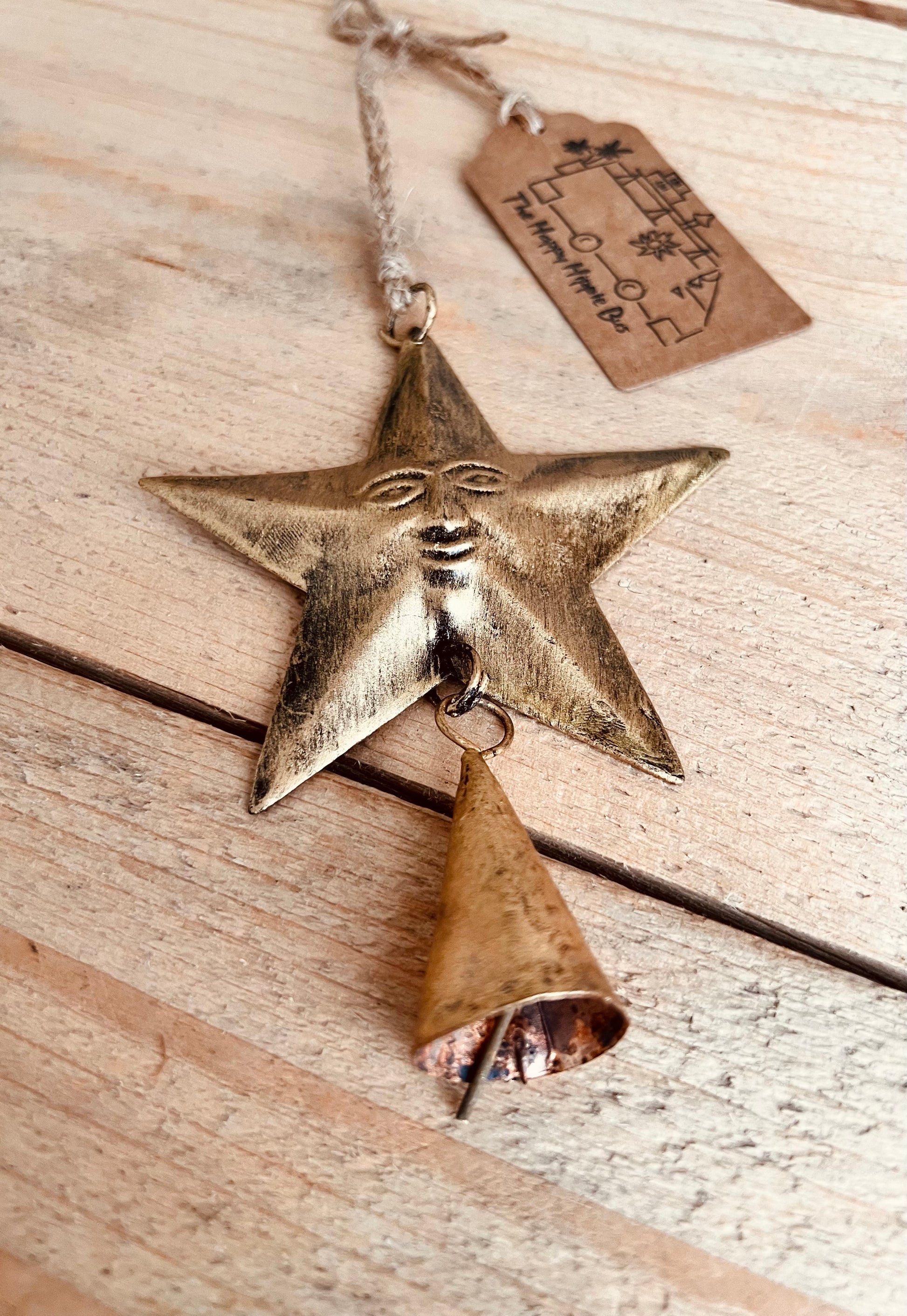 Handmade Fair Trade Smiling Gold Star Bell Indian Bell Mini Bohemian Hippie Hanging Decor