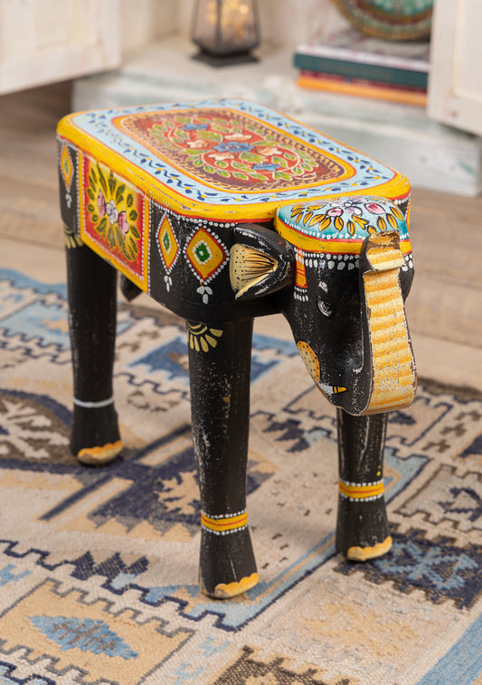Handmade Fair Trade Ethically Sourced Bohemian Hippie Elephant Black Yellow Table Side Table Unique Hand Painted 
