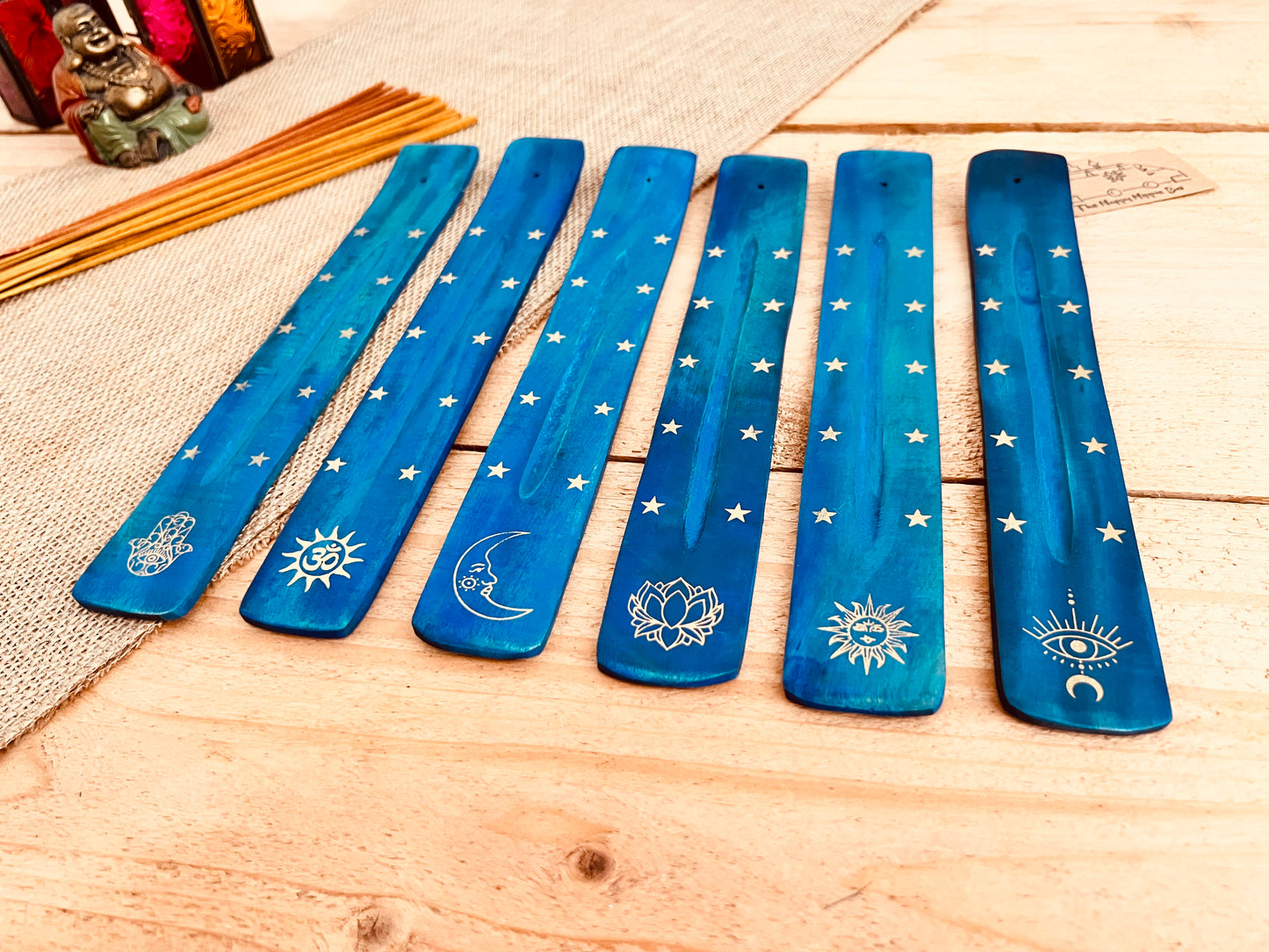 long incense holder ash catcher, incense stick holder burner in dark midnight blue colour with gold printed boho hippie design finish, six designs to choose from, handmade, hand printed ethically sourced wooden incense holder, boho hippie home decor incense