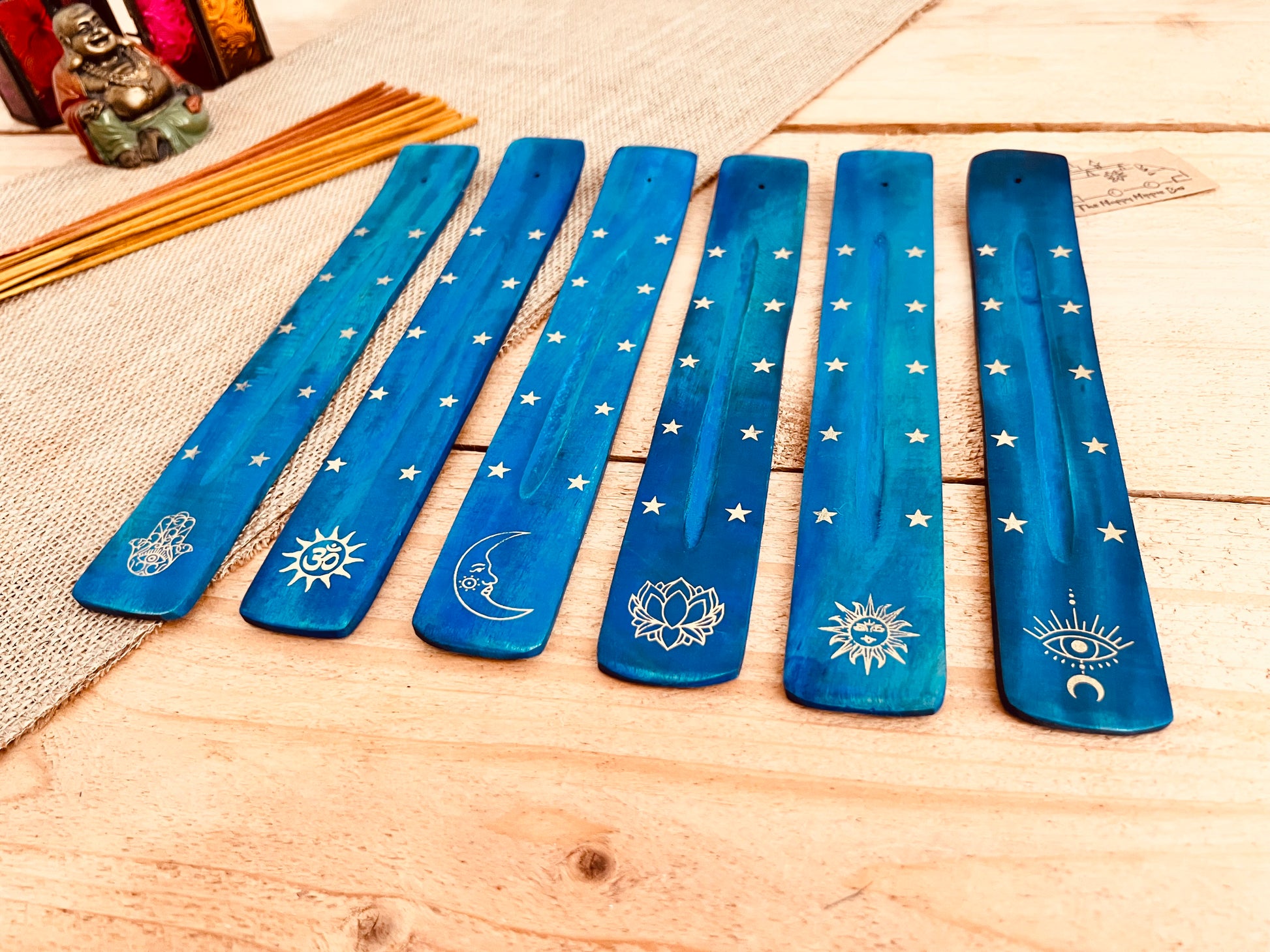long incense holder ash catcher, incense stick holder burner in dark midnight blue colour with gold printed boho hippie design finish, six designs to choose from, handmade, hand printed ethically sourced wooden incense holder, boho hippie home decor incense