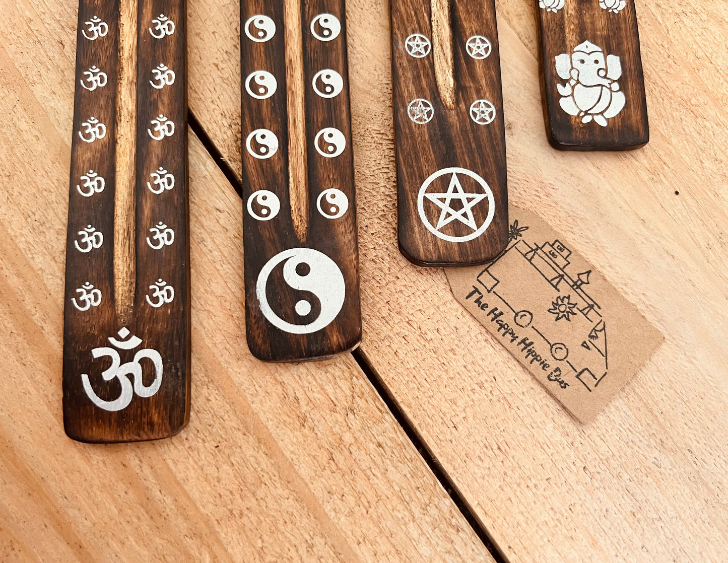 handmade incense stick holder burner with metallic paint printed bohemian hippie chic designs, Om Symbol, Pentagram, Ganesha, Yin Yang incense ash catcher, calming incense sticks, ethically sourced wooden incense holder in dark wood finish