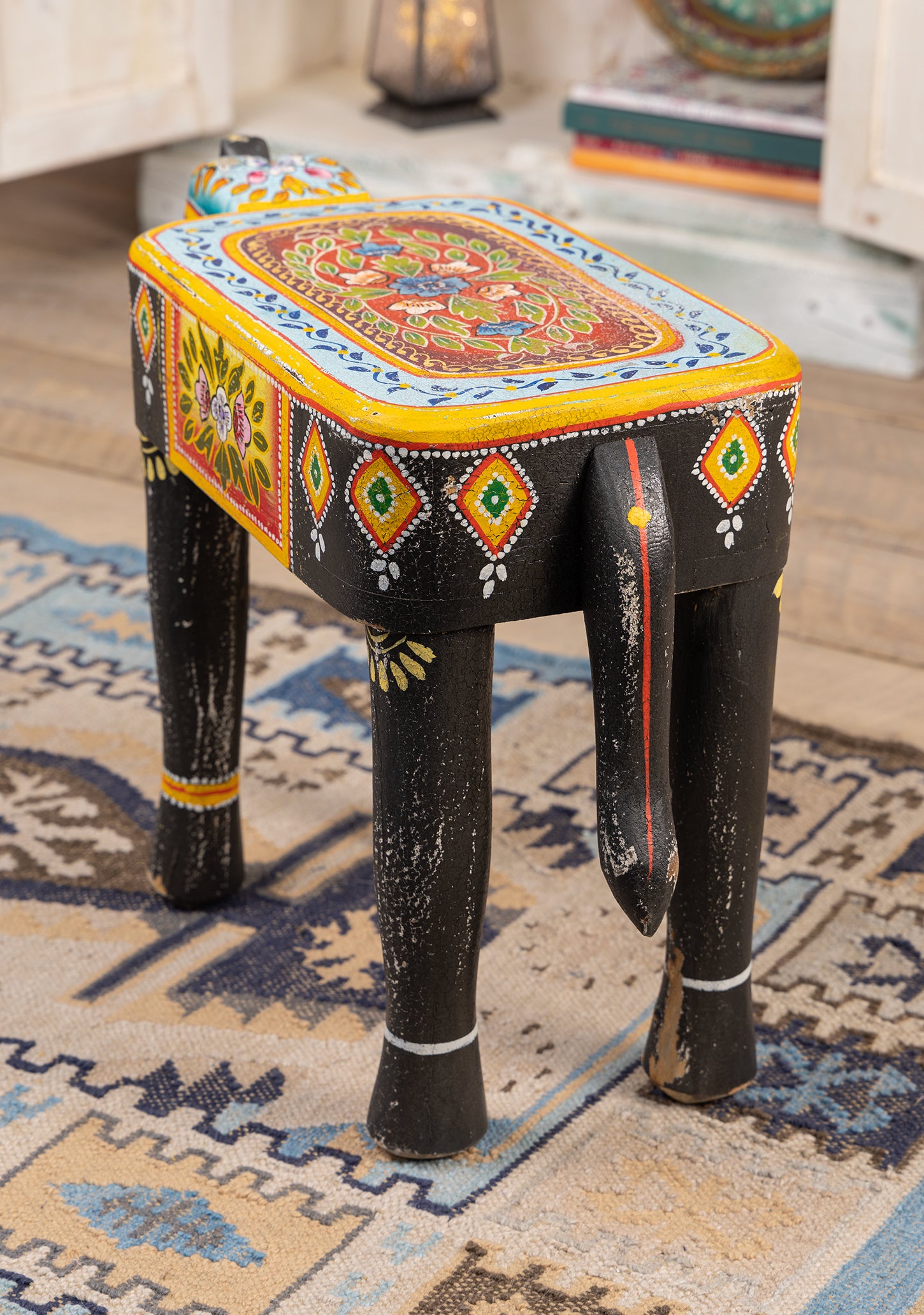 Handmade Fair Trade Ethically Sourced Bohemian Hippie Elephant Black Yellow Table Side Table Unique Hand Painted 