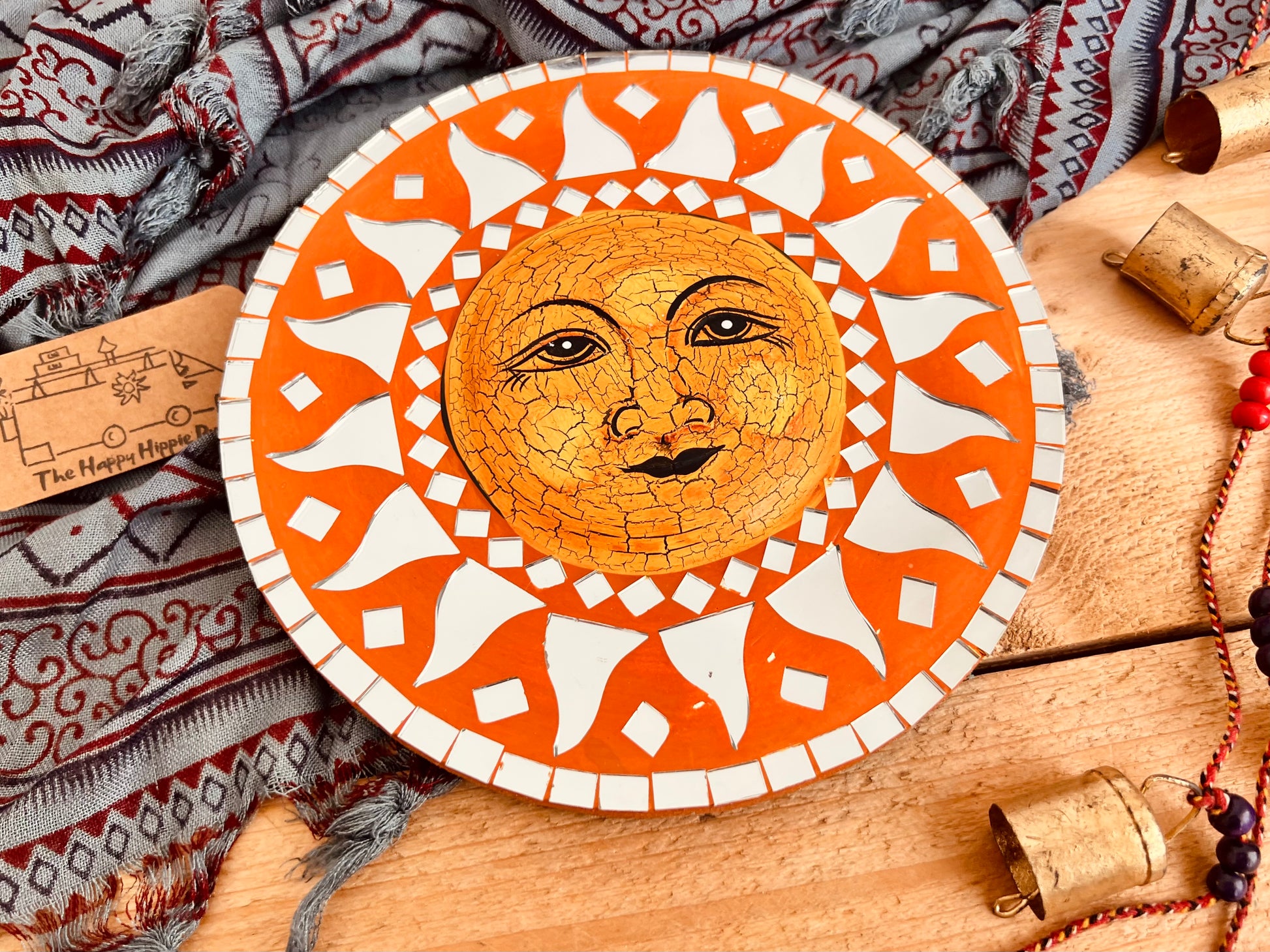 Round sun design wall hanging hippie boho wall mirror in rustic orange painted design 