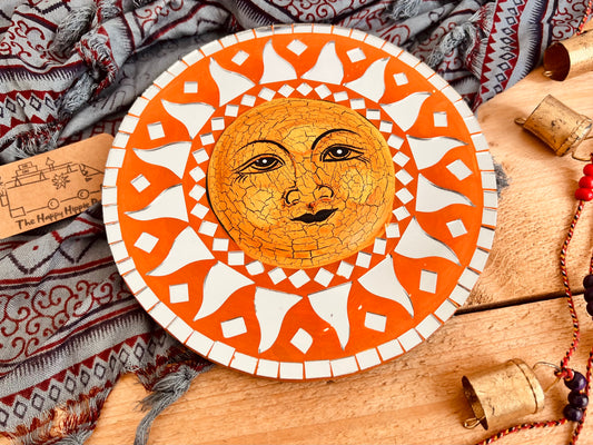 Round sun design wall hanging hippie boho wall mirror in rustic orange painted design 