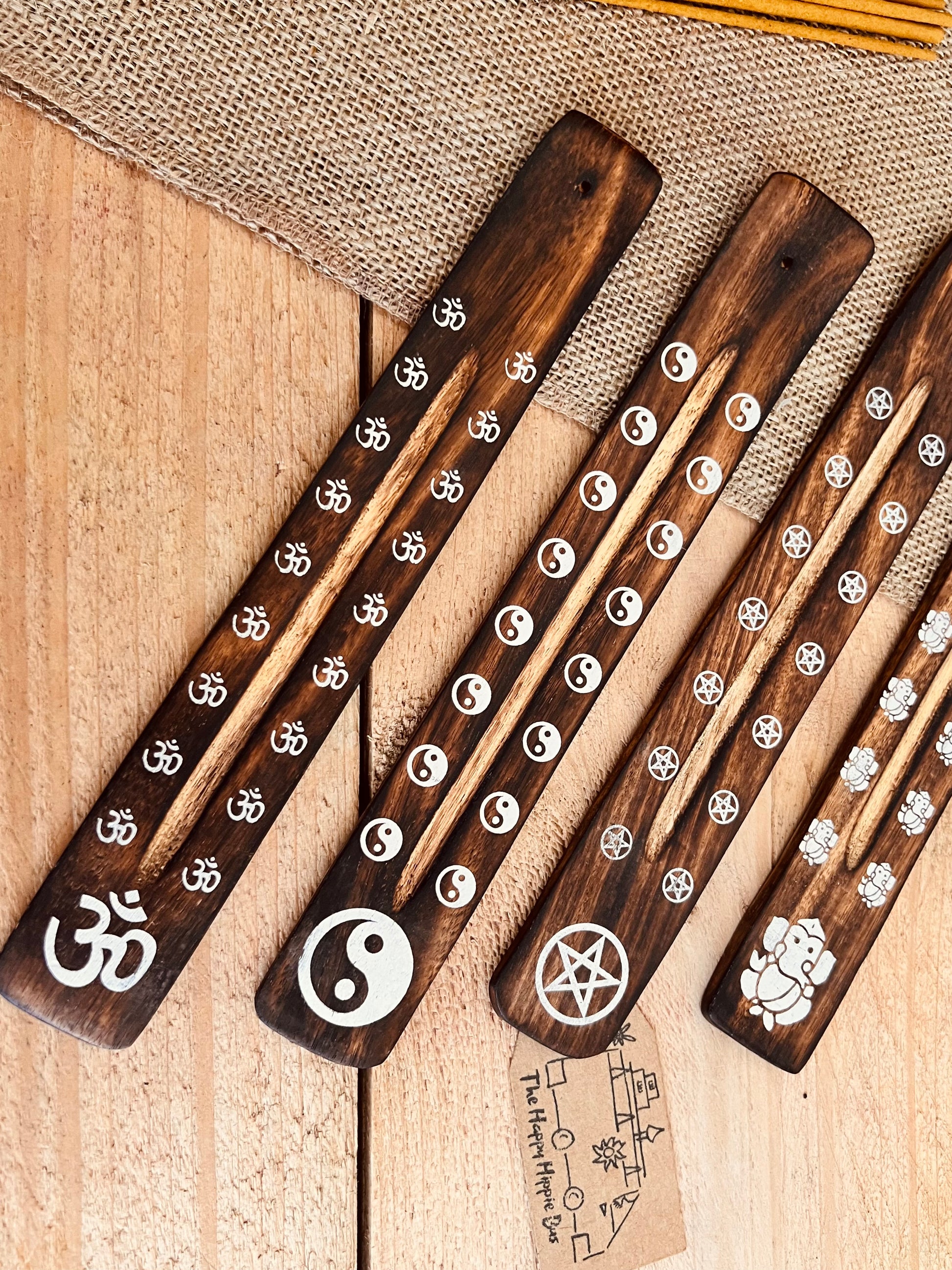 handmade incense stick holder burner with metallic paint printed bohemian hippie chic designs, Om Symbol, Pentagram, Ganesha, Yin Yang incense ash catcher, calming incense sticks, ethically sourced wooden incense holder in dark wood finish