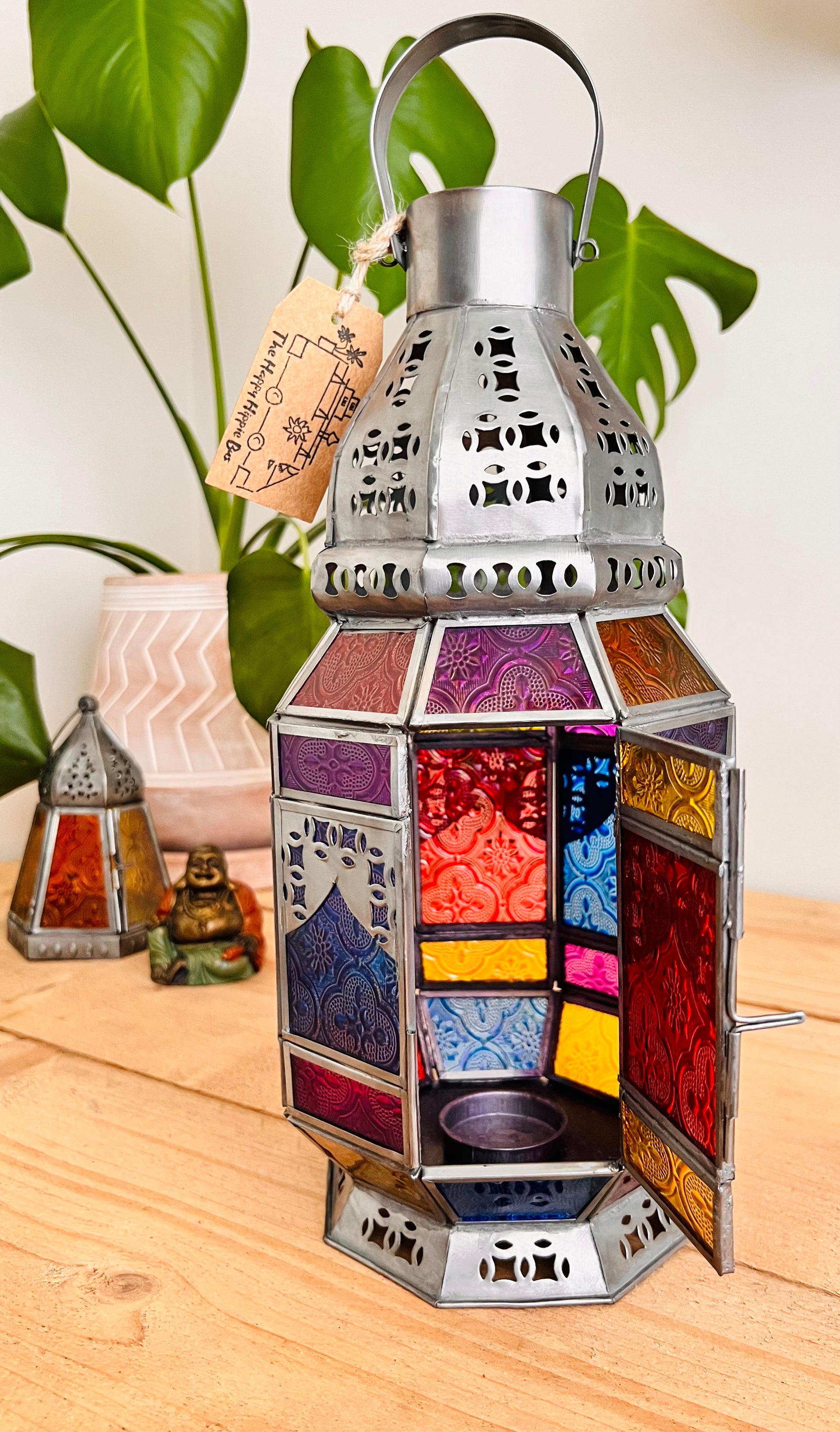 Large Moroccan Style multicoloured stained glass lantern tea light metal candle holder fair trade handmade ethical lantern