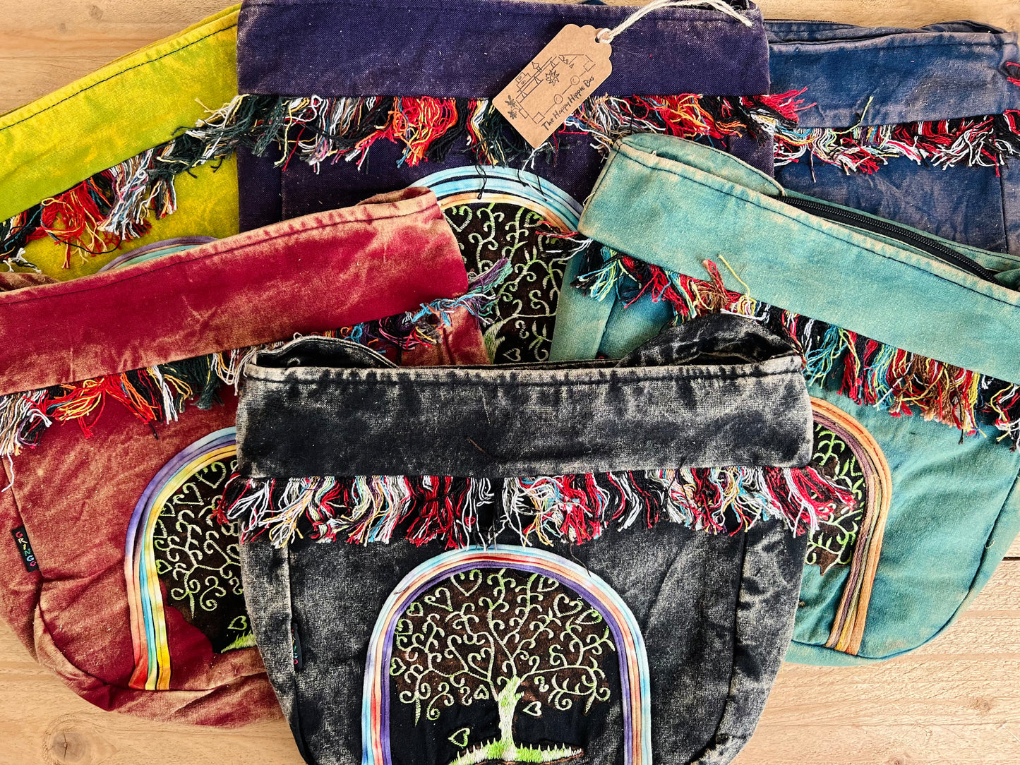 Handmade Fair Trade Stone Washed Hippie Bohemian Tree Of LIfe Shoulder Bag IN Black, Blue, Pink, Purple, Violet & Green