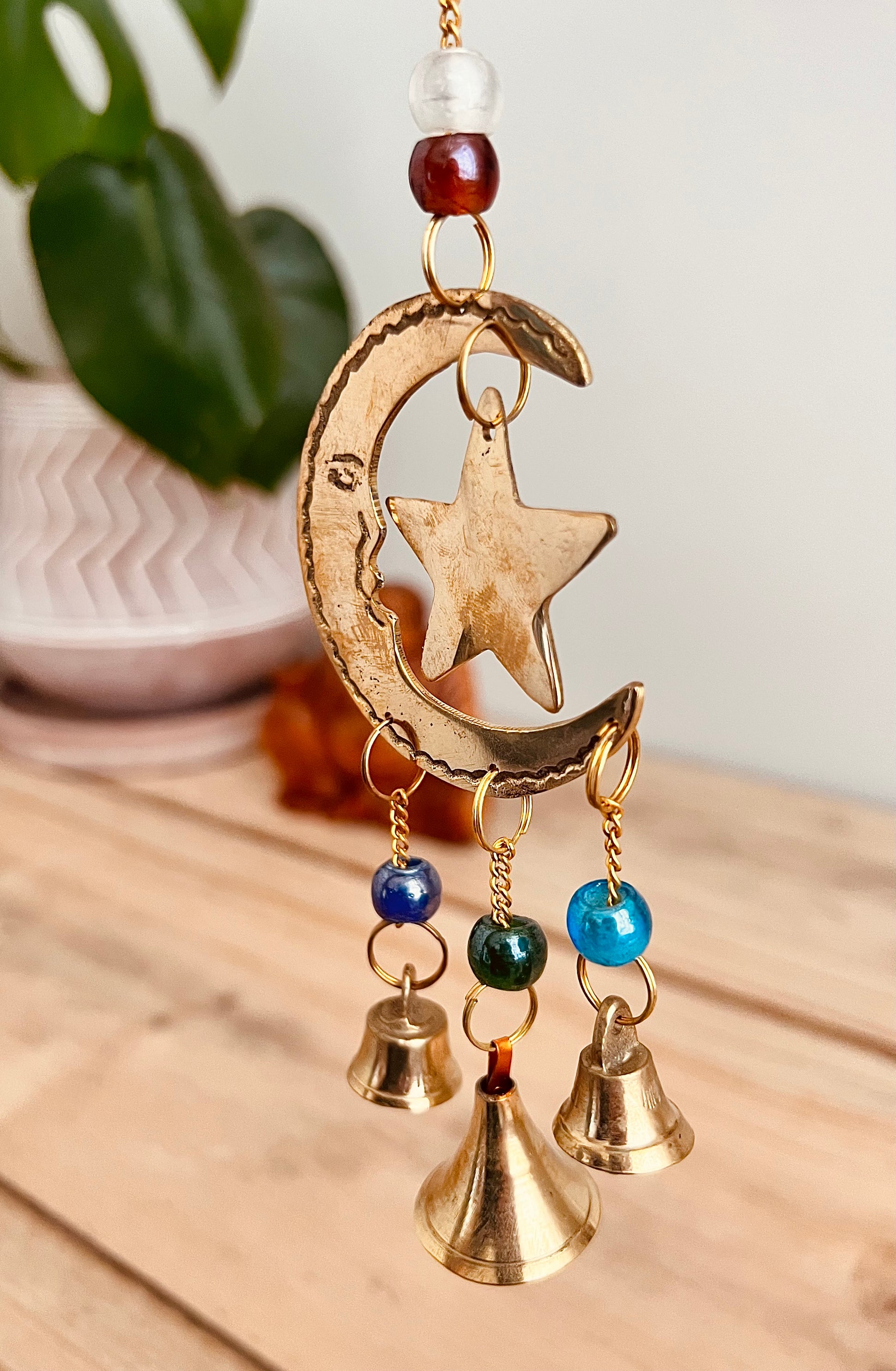 Mini crescent moon and star brass bells small fair trade handmade ethically sourced wind chime glass beads