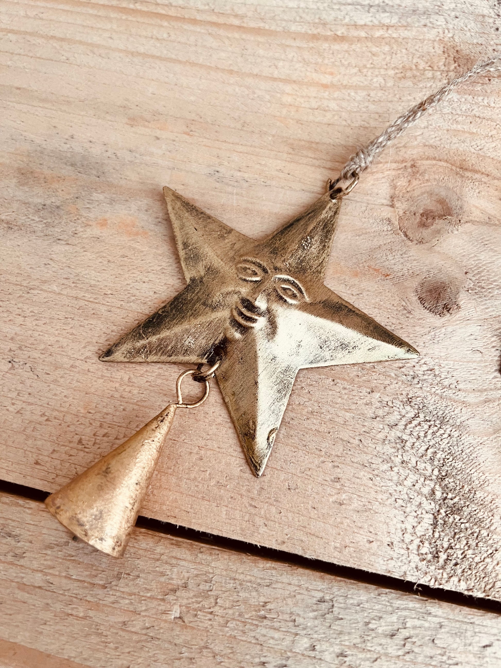 Handmade Fair Trade Smiling Gold Star Bell Indian Bell Mini Bohemian Hippie Hanging Decor