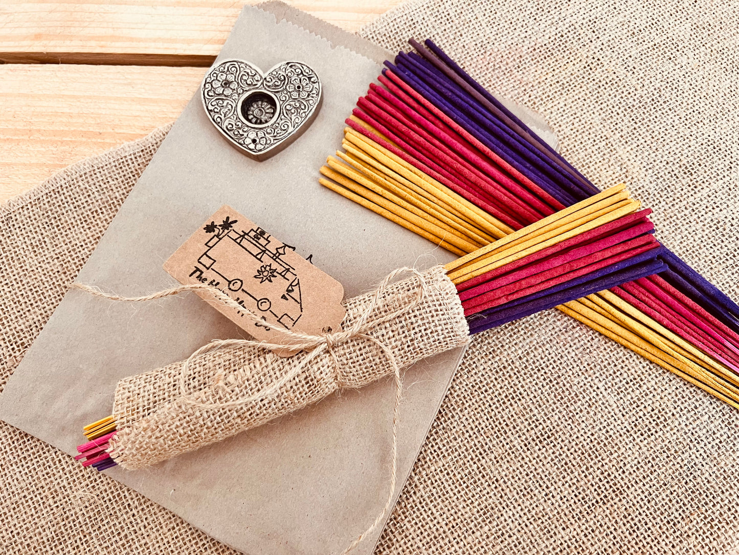 30 Vibrantly colourful summer mix incense sticks, handmade plastic free eco friendly environmentally conscious sustainable incense sticks for home in the summer time, yellow, Purple, pink incense sticks wrapped in hessian burlap wrap, fair trade and ethically sourced summer home fragrance incense