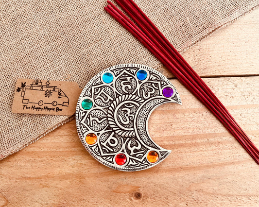 Metal chakra moon colourful incense stick holder incense stick burner ash catcher round crescent moon incense plate tray handmade recycled metal fair trade ethical incense holder