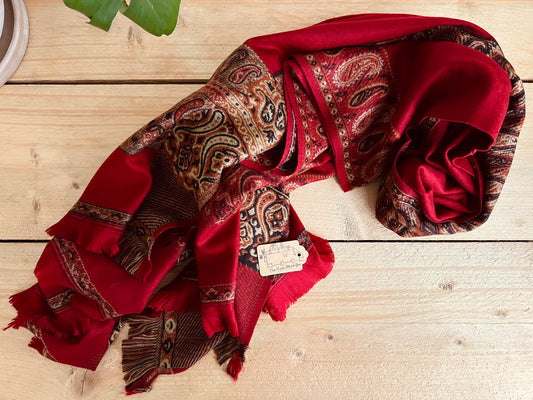 Handmade Fair Trade Ethically Sourced Bohemian Hippie Cherry Apple Red Autumn Winter Scarf Blanket With Tassels