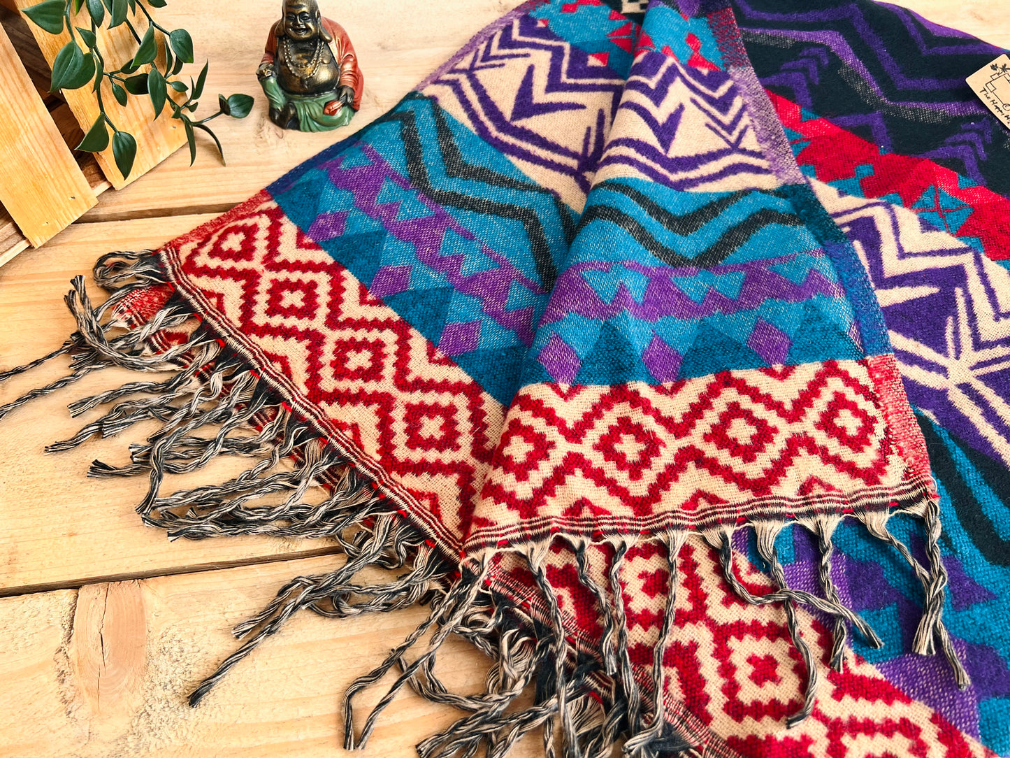 Handmade bohemian hippie blanket purple blue red with tassels 