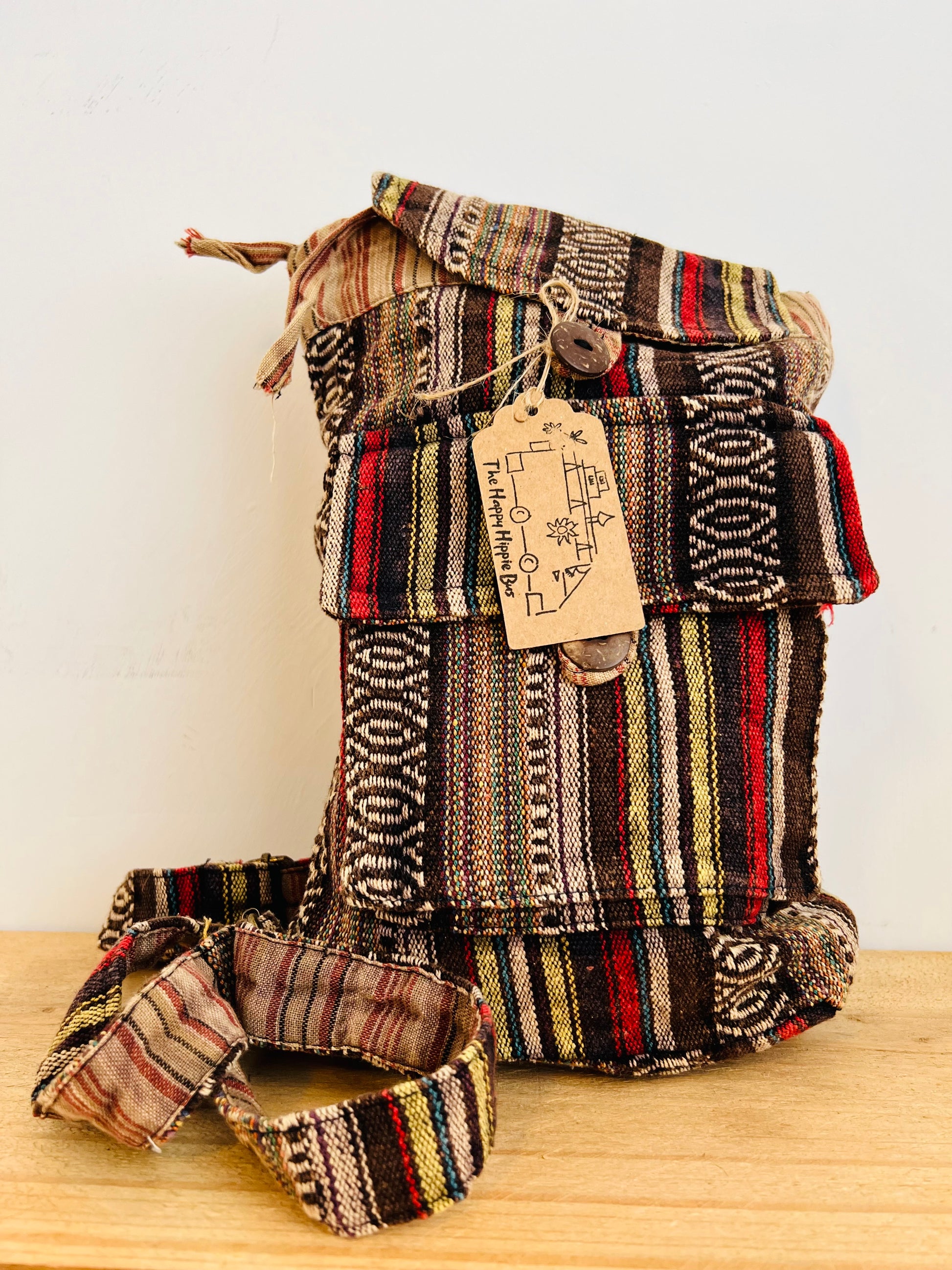 Handmade Fair Trade Recycled Cotton Mini Backpack Hippie Bohemian Style Travel Festival Holiday Red Yellow Black Stripe