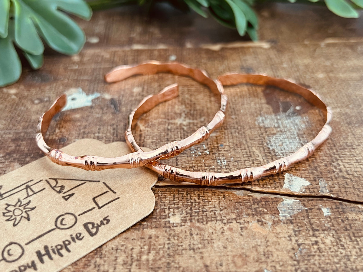 Handcrafted Solid Copper Slim Cuff Bracelet - Bamboo Style Design