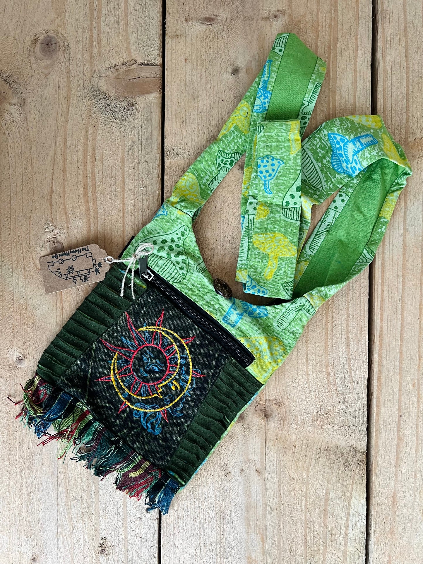 Handmade Fair Trade Bohemian Sun & Crescent Moon Hippie Shoulder Money Bag Beach Travel Festival Green