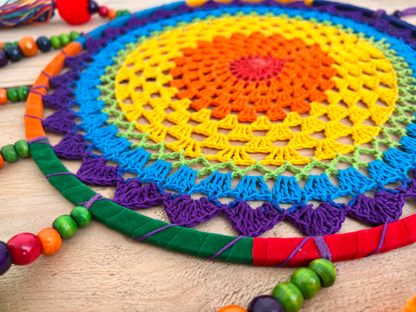 Large rainbow crochet dream catcher colourful pom pom beads dreamcatcher extra large long hanging boho hippie home decor dream catcher colourful vibrant rainbow living room, bedroom decor gift