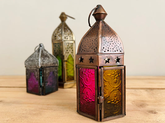 Handmade Fair Trade Pink & Yellow Copper Moroccan Style Lantern Bohemian Hippie T Light Holder Star Pattern 