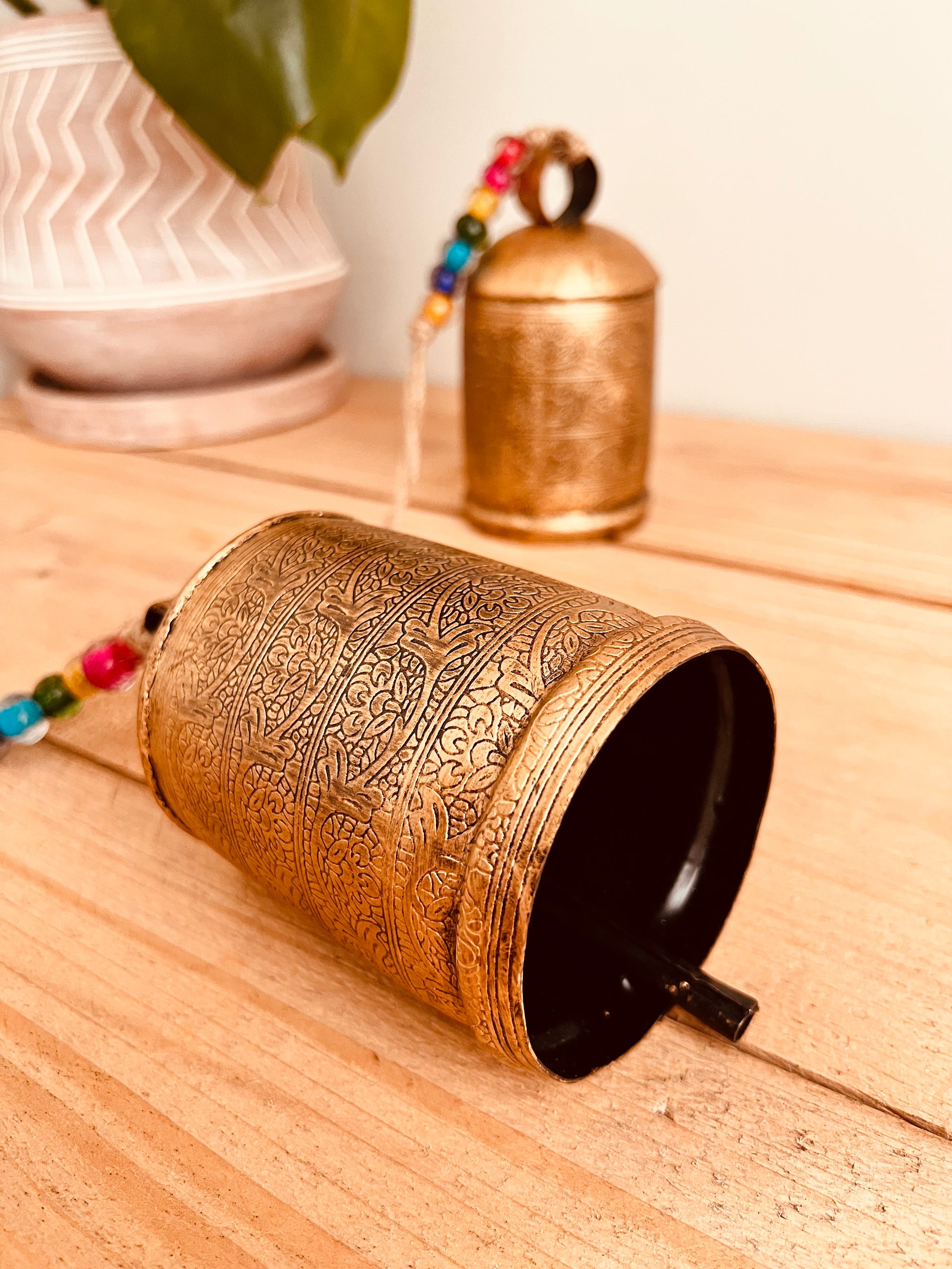 Large Rustic Hanging Gold Indian Cow Bell Handmade Fair Trade Gold Glass Beads Bohemian Hippie