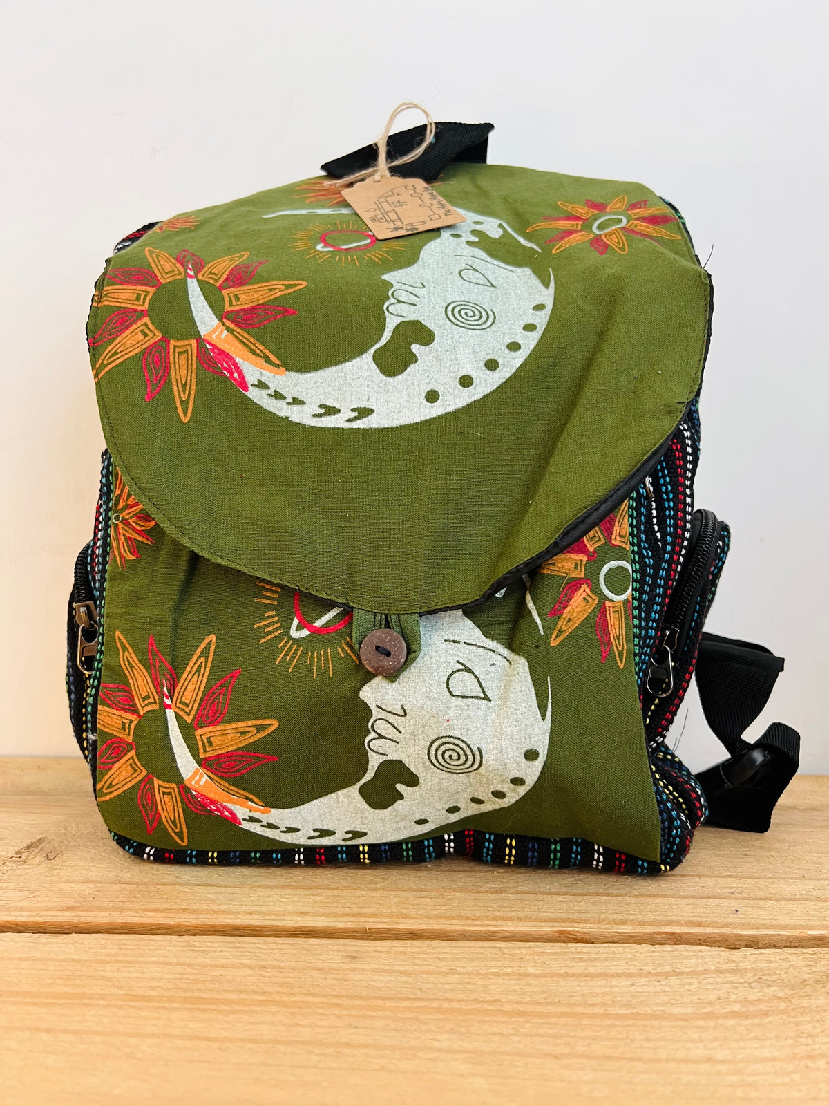 Crescent Moon Hand Printed Backpack Midnight Blue & Earth Green