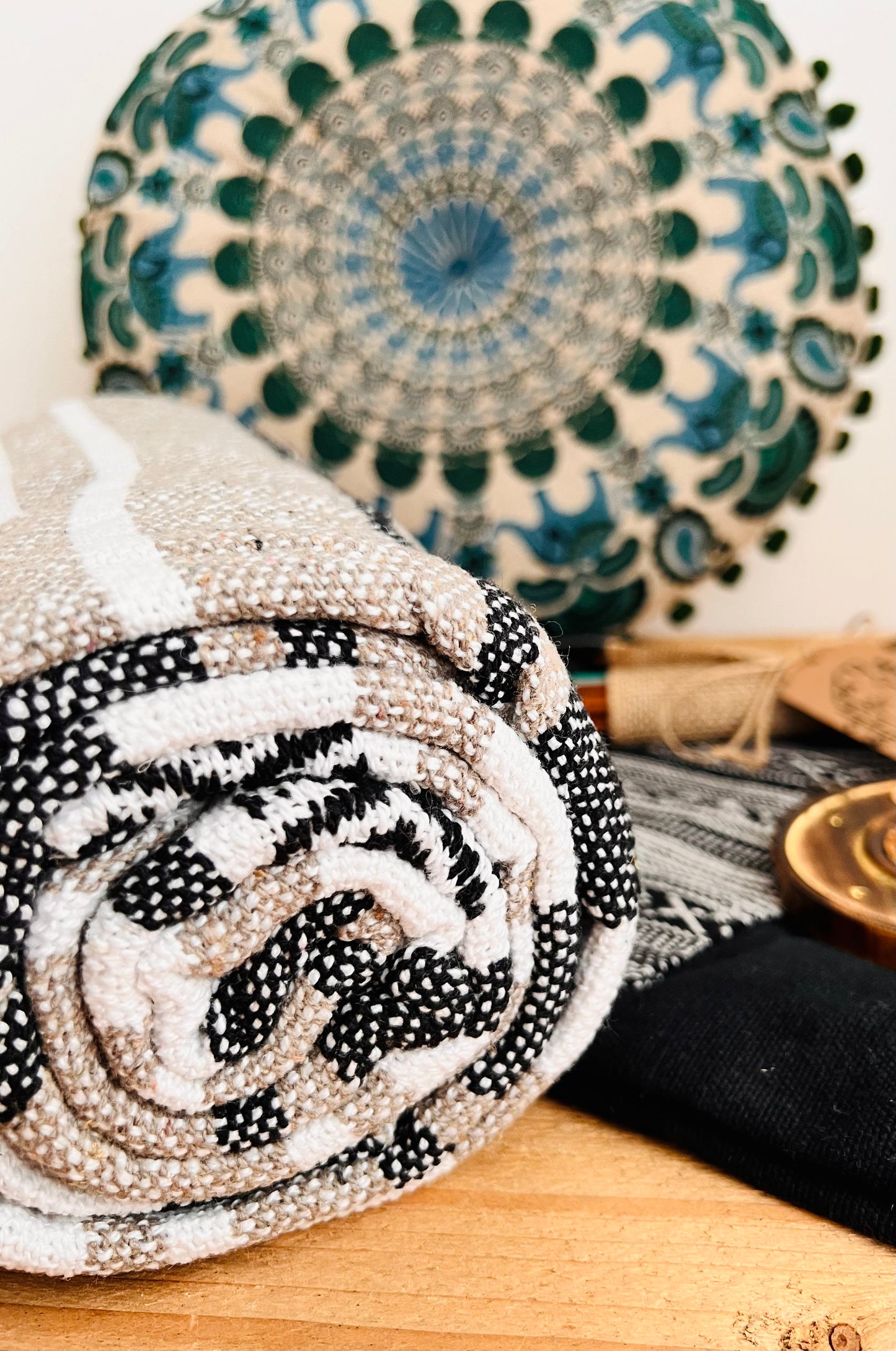 Handmade black and teal meditation set with cushion, cotton large blanket throw, incense and holder – eco-friendly yoga gift set for mindfulness and relaxation