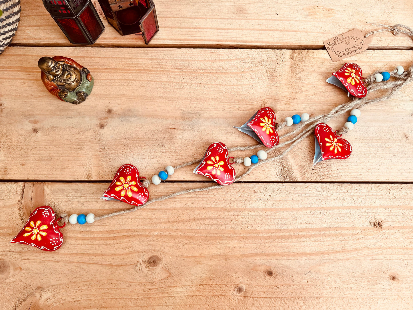 Hand painted red & yellow heart shaped metal bells wind chime on jute twine with glass beads, hanging home living decor bells chime, handmade, fair trade, ethically sourced string of Indian bells