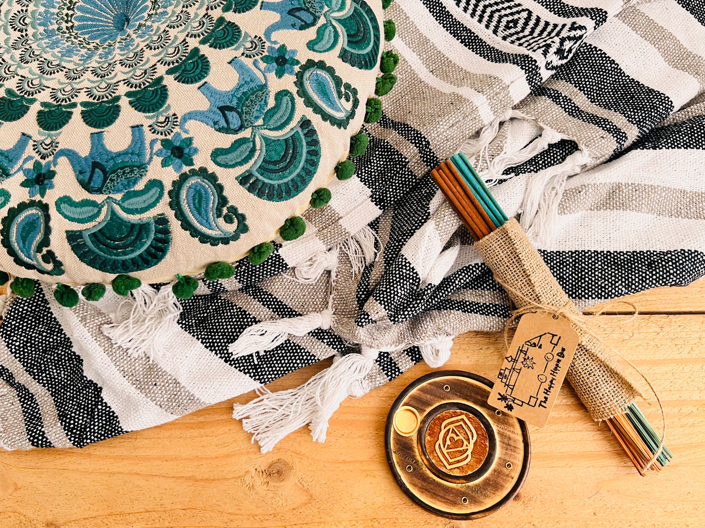 Eco-friendly handmade meditation gift set in black and teal – cushion, throw, and incense for yoga, mindfulness, and self-care
