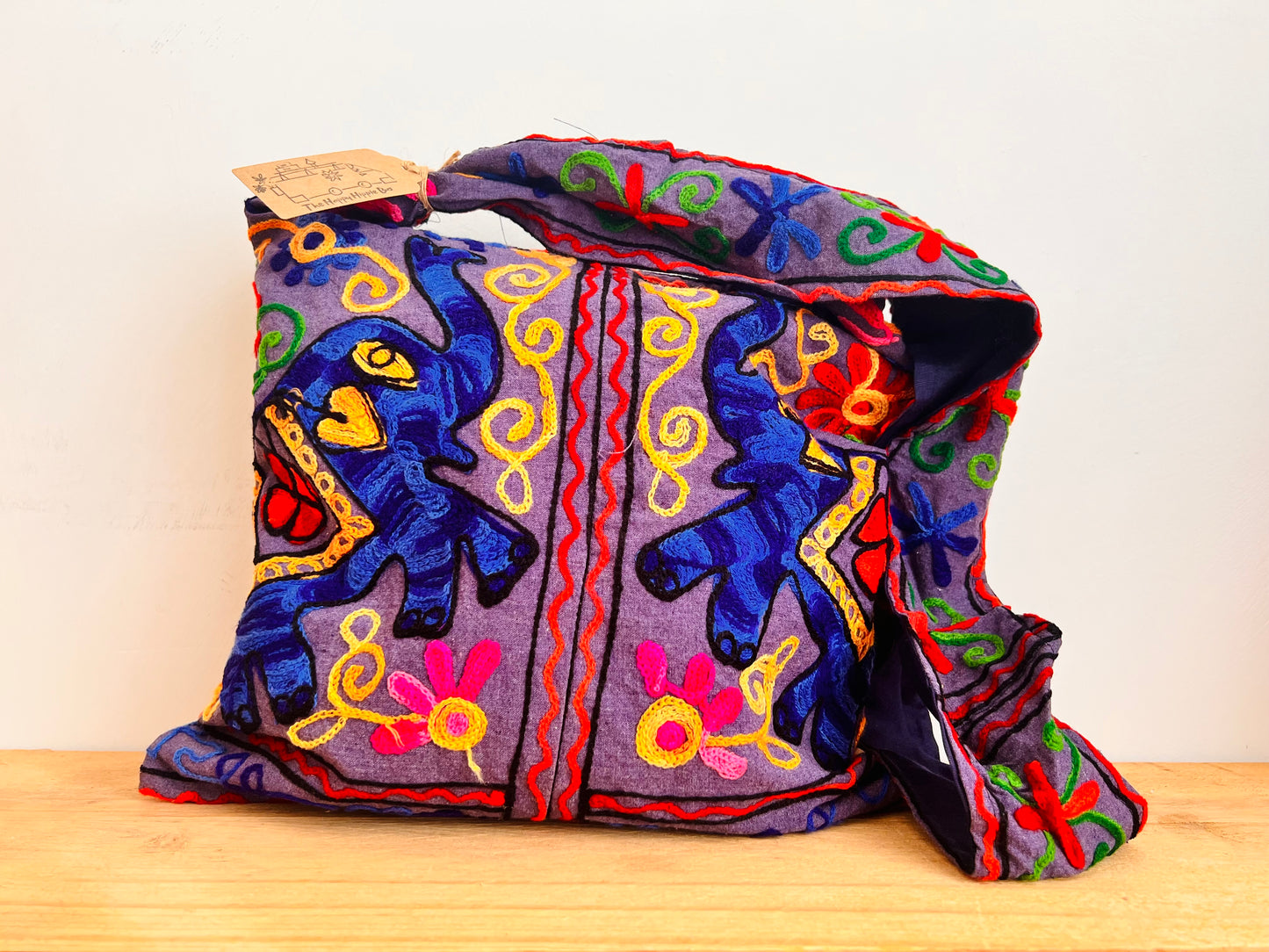 Hand Embroidered Elephant Shoulder Bag Pink & Purple