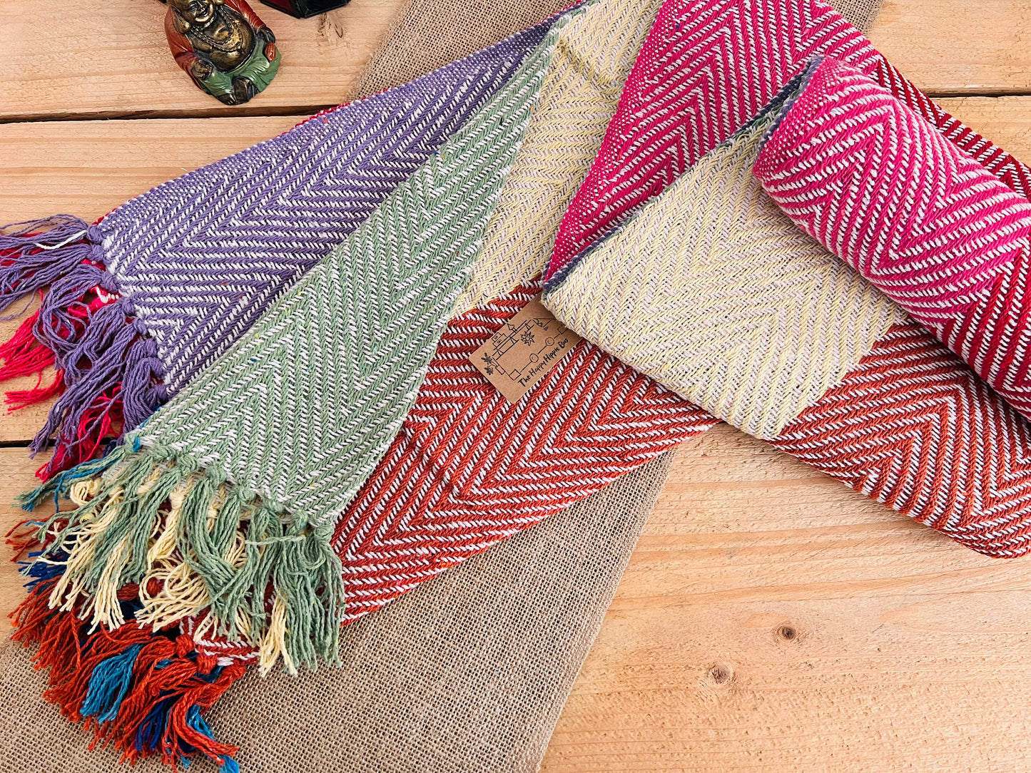 Herringbone weave handmade rainbow stripe throw blanket, colourful rainbow colour stripes with colourful tassel edge, boho hippie bohemian decor blanket throw, fair trade & ethically sourced