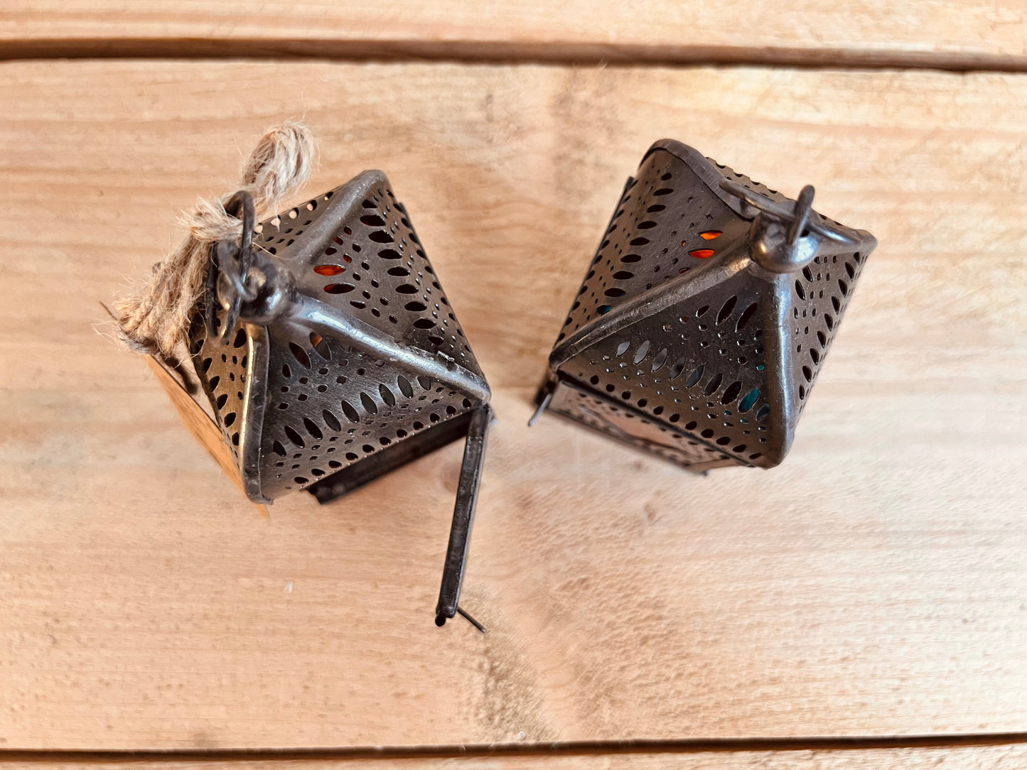 Handmade Faire Trade Ethically Sourced Bohemian Hippie Moroccan Style Lantern Silver Orange Blue T Light Holder Mini Gift Hanging Decor Unique Recycled Metal Eco Plastic Free