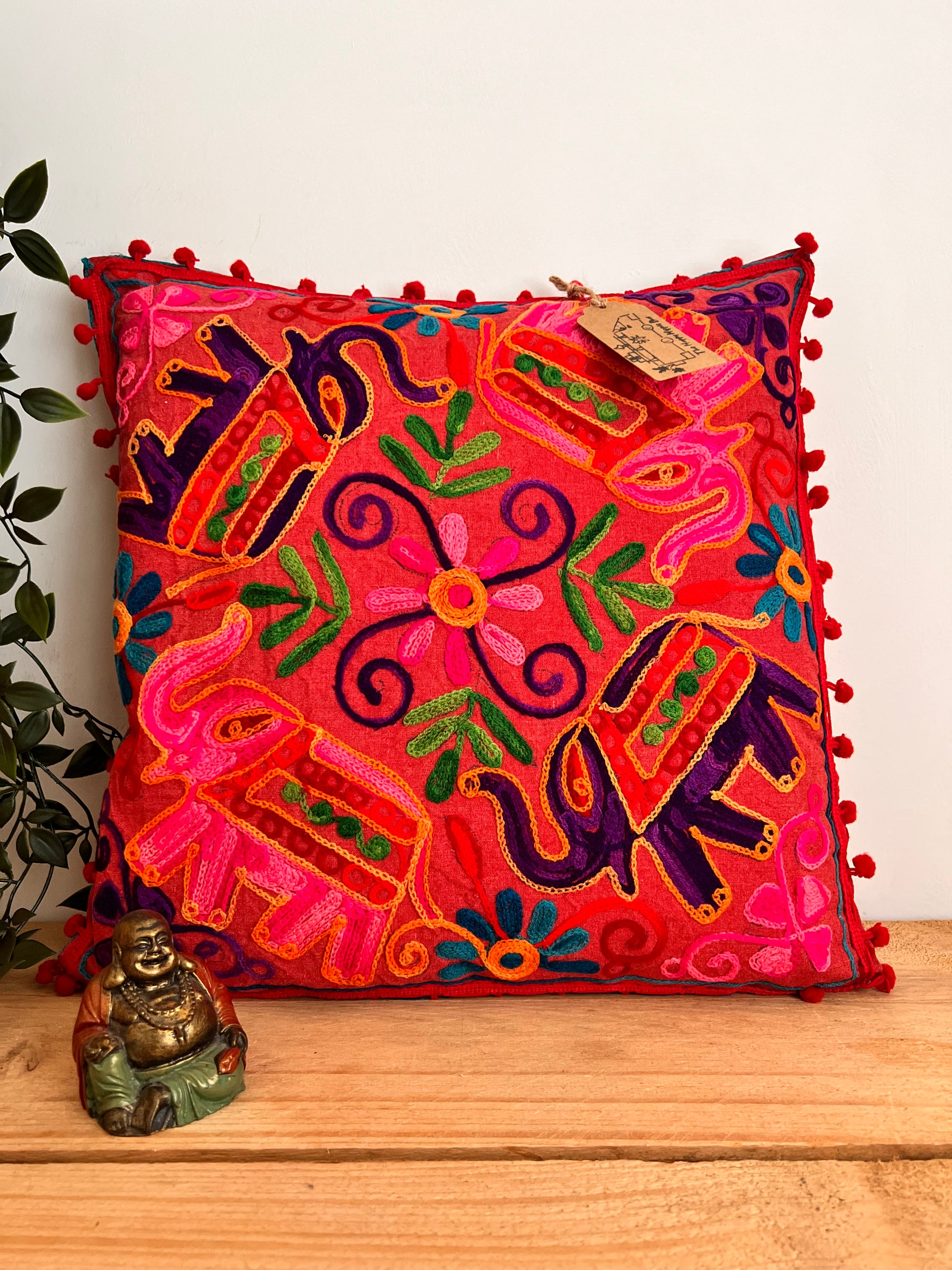 Handmade Embroidered Bohemian Elepahnt Pink Purple Hippie Cushion Cover With Pom Pom Edge Fair Trade Ethically Sourced Handmade