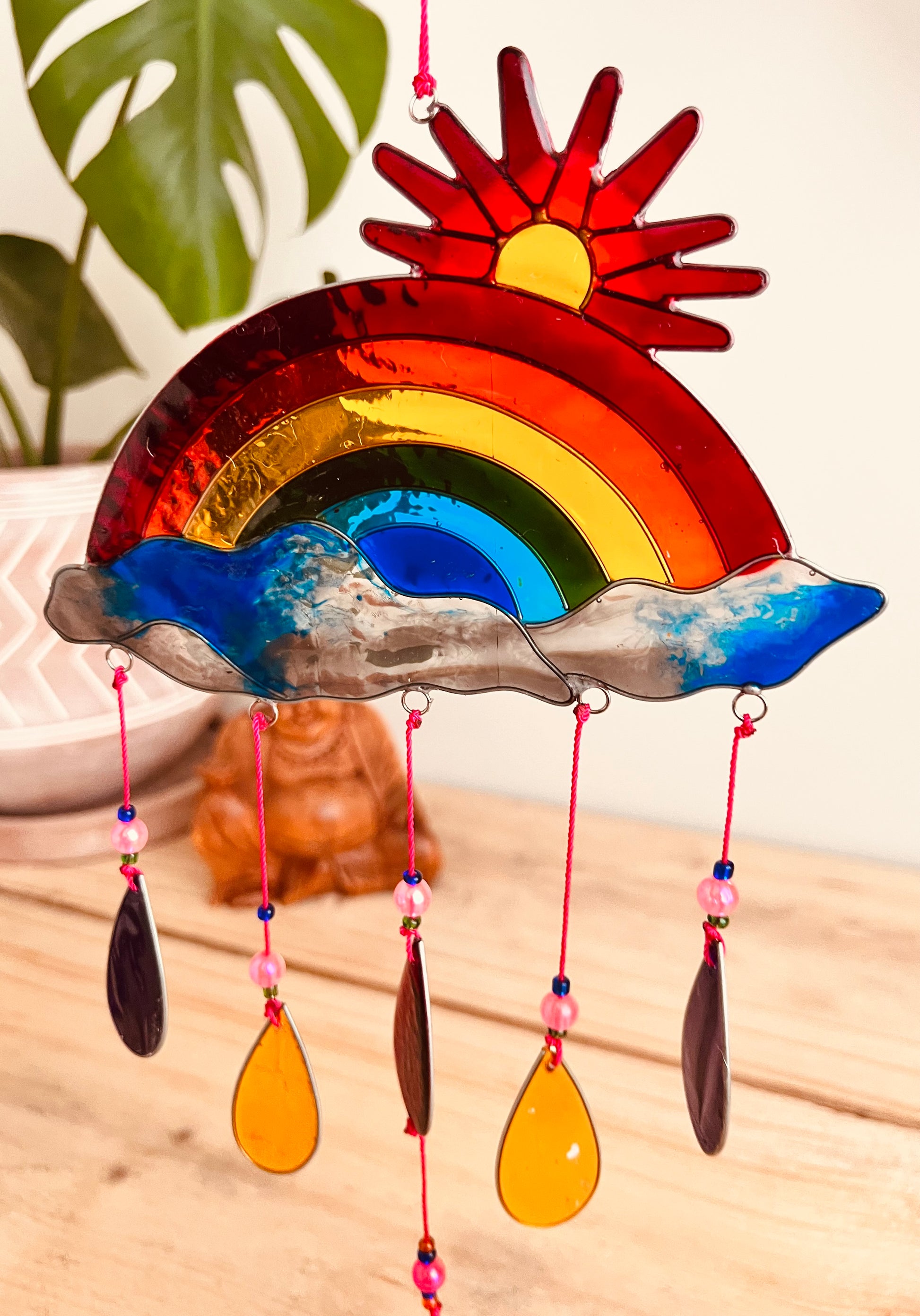 Handmade Fair Trade Resin Sun Catcher With Rainbow Sun & Rain Drops Window Decor Hippie Bohemian 