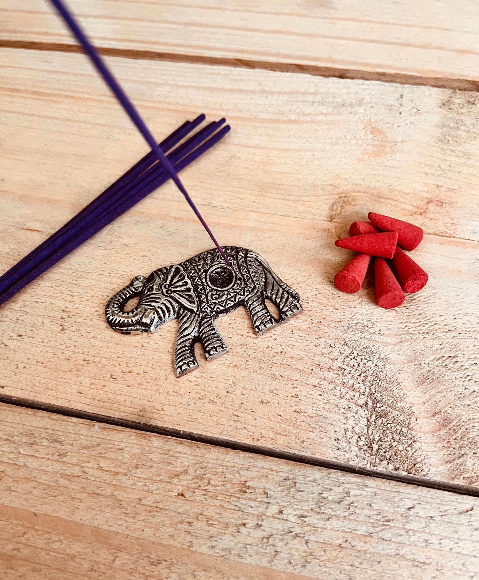 Handmade fair trade ethically sourced metal Indian elephant incense joss stick holder incense cone burner ash catcher mini incense holder silver metal