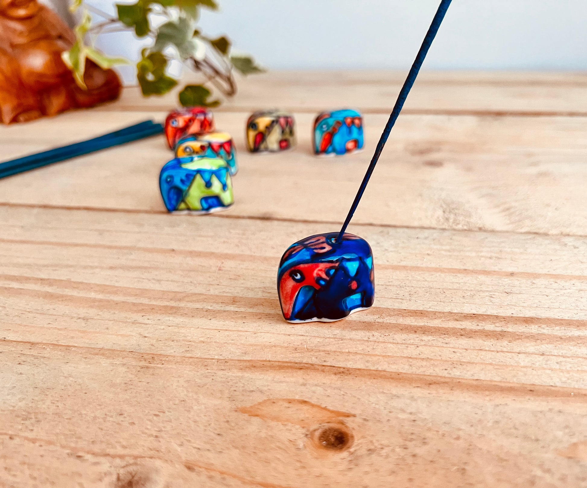 Blue & purple Mini ceramic elephant incense stick holder burner in colourful hand painted designs, handmade fair trade & ethically sourced home decor & home fragrance 