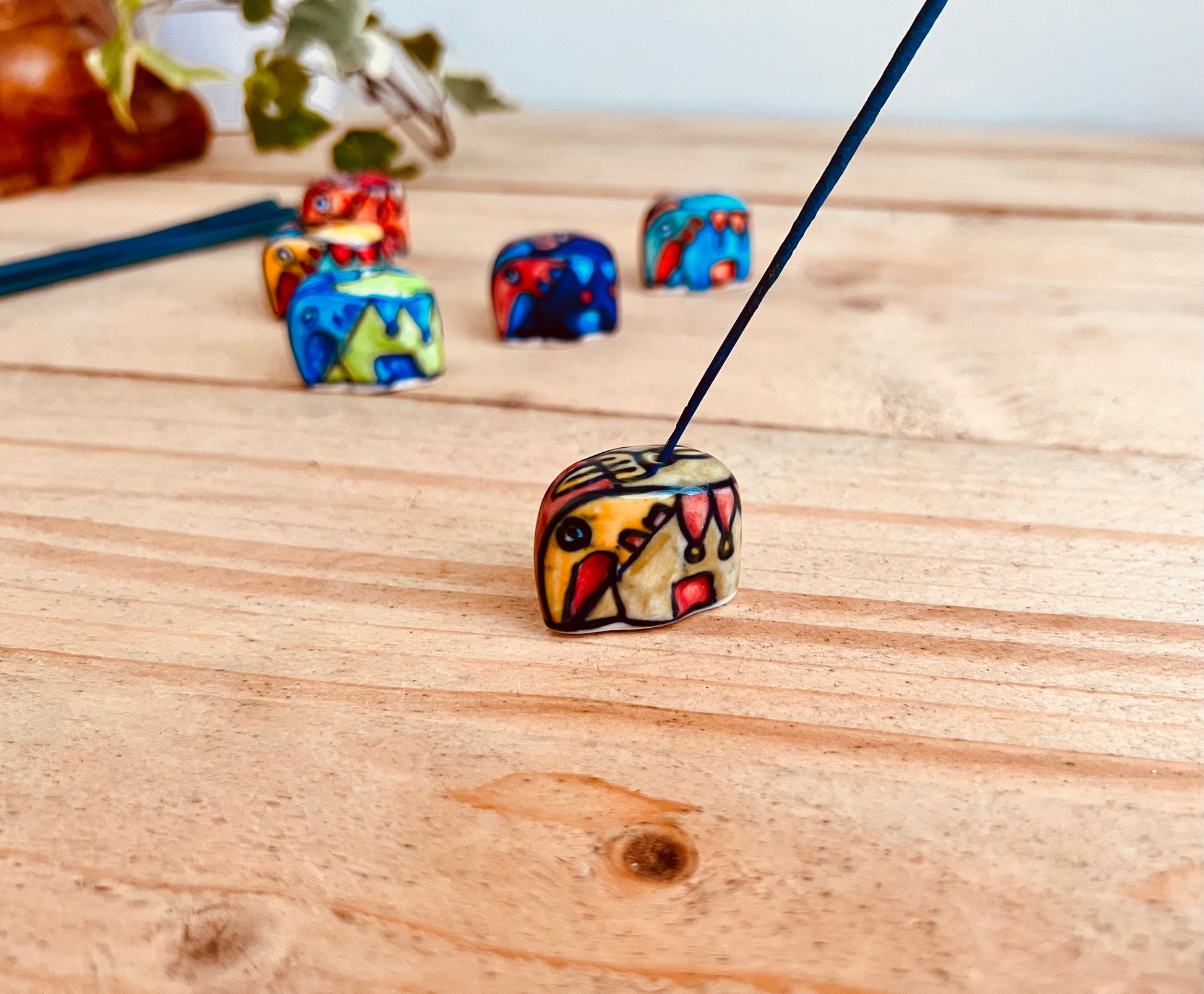 Olive khaki green & yellow Mini ceramic elephant incense stick holder burner in colourful hand painted designs, handmade fair trade & ethically sourced home decor & home fragrance 