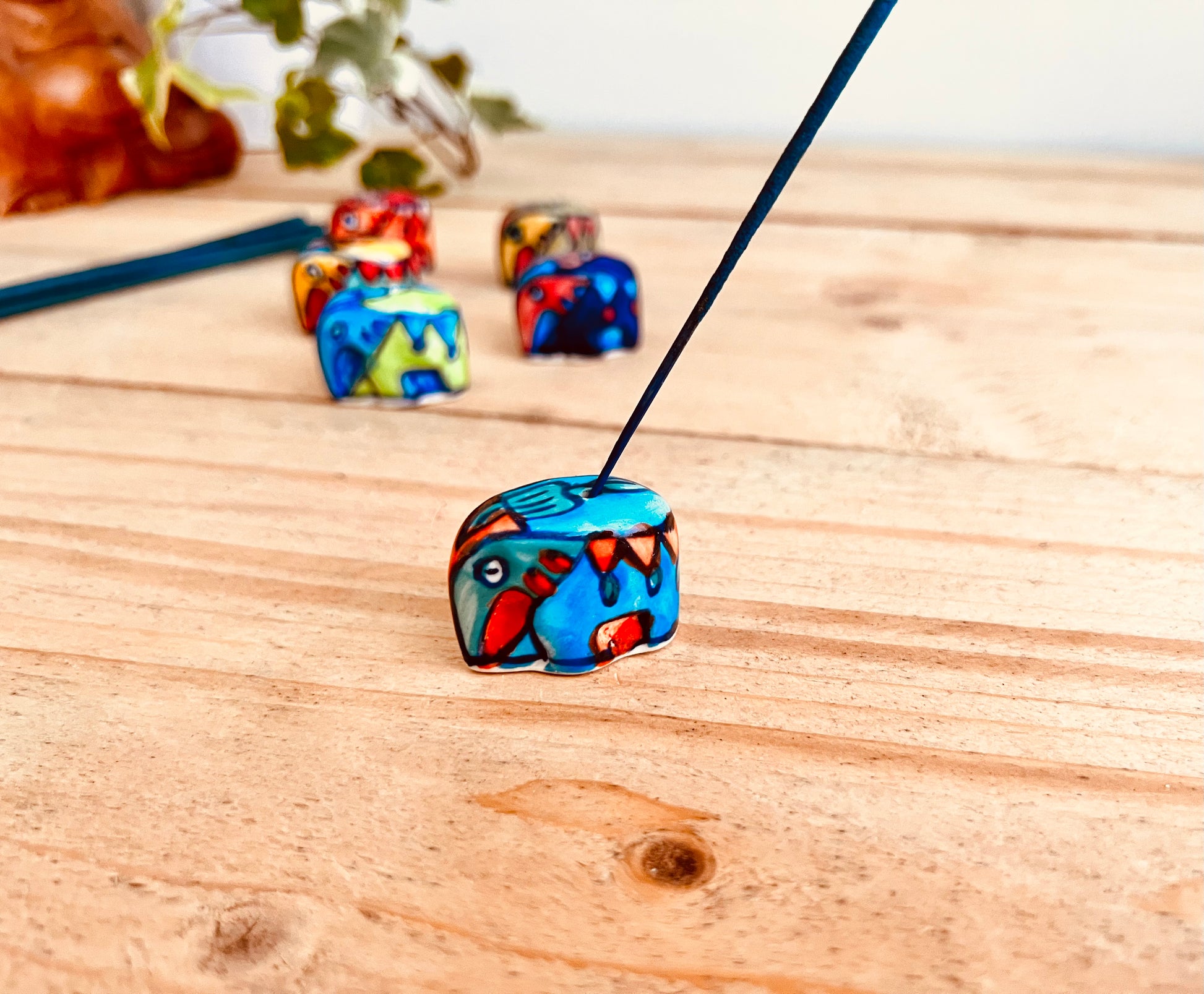 Blue & orange Mini ceramic elephant incense stick holder burner in colourful hand painted designs, handmade fair trade & ethically sourced home decor & home fragrance 