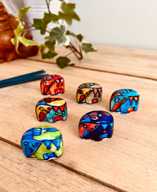 Mini ceramic elephant incense stick holder burner in colourful hand painted designs, handmade fair trade & ethically sourced home decor & home fragrance 