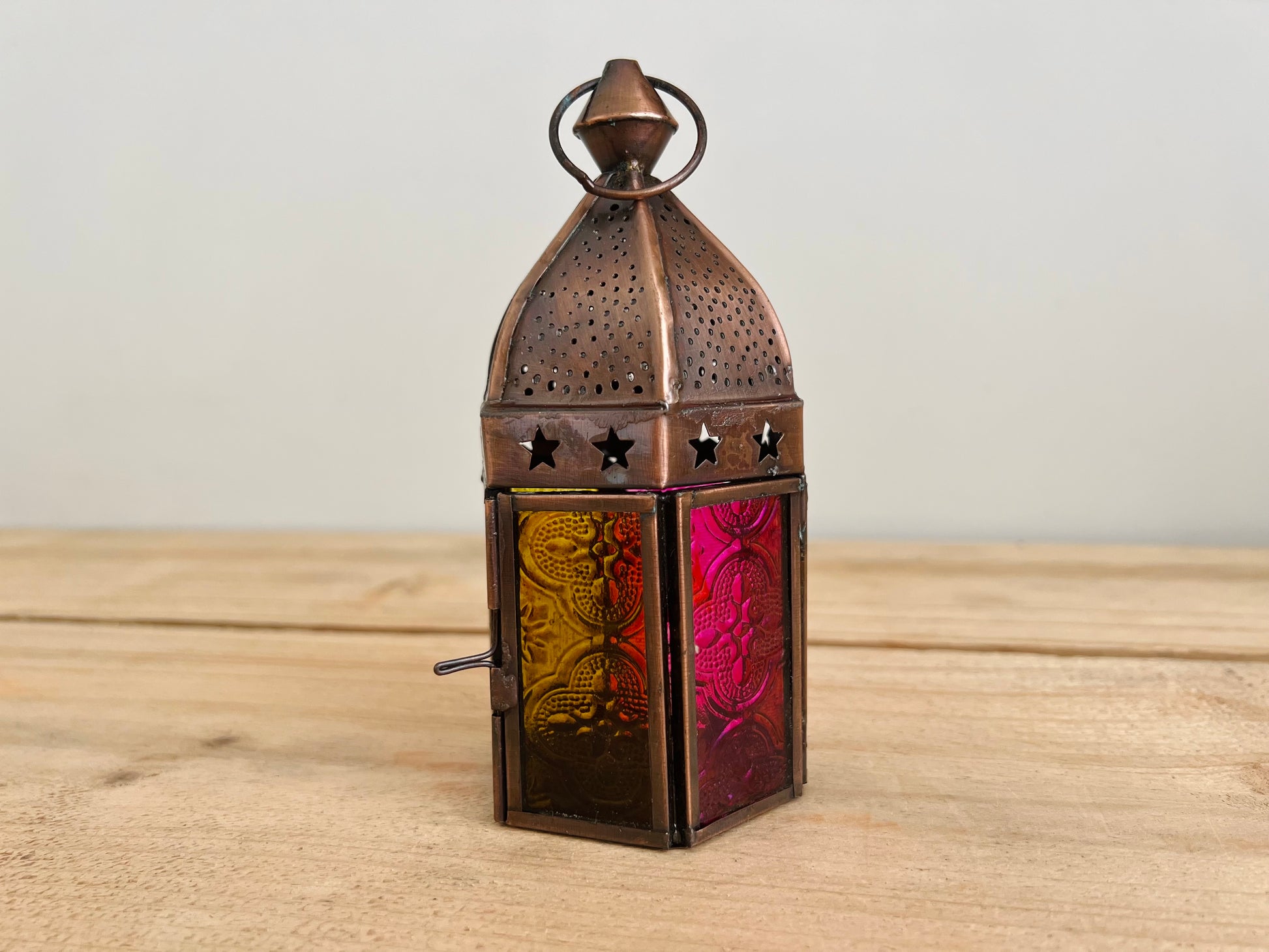 Handmade Fair Trade Pink & Yellow Copper Moroccan Style Lantern Bohemian Hippie T Light Holder Star Pattern 