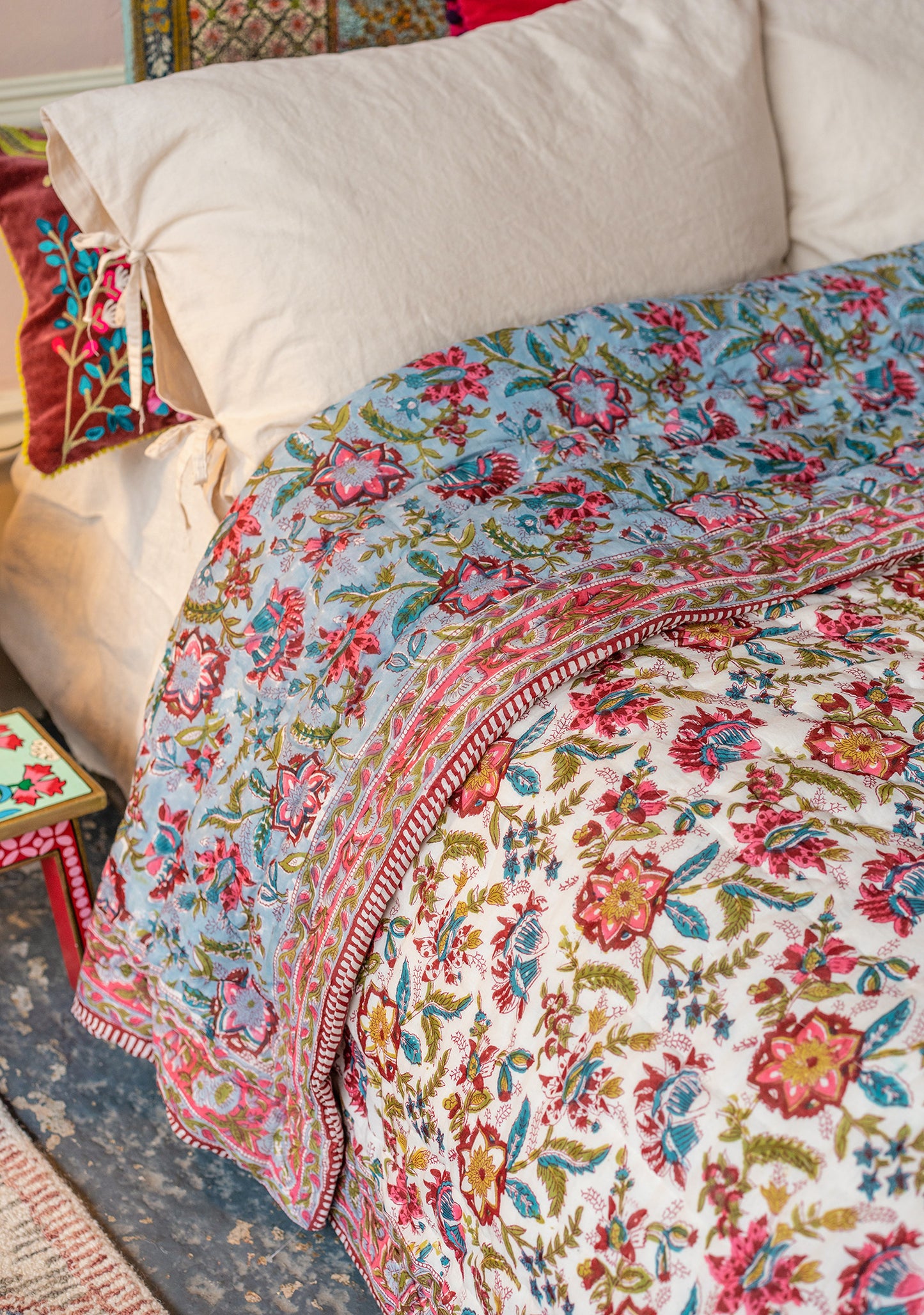 Vintage Rose Block Print Bedspread