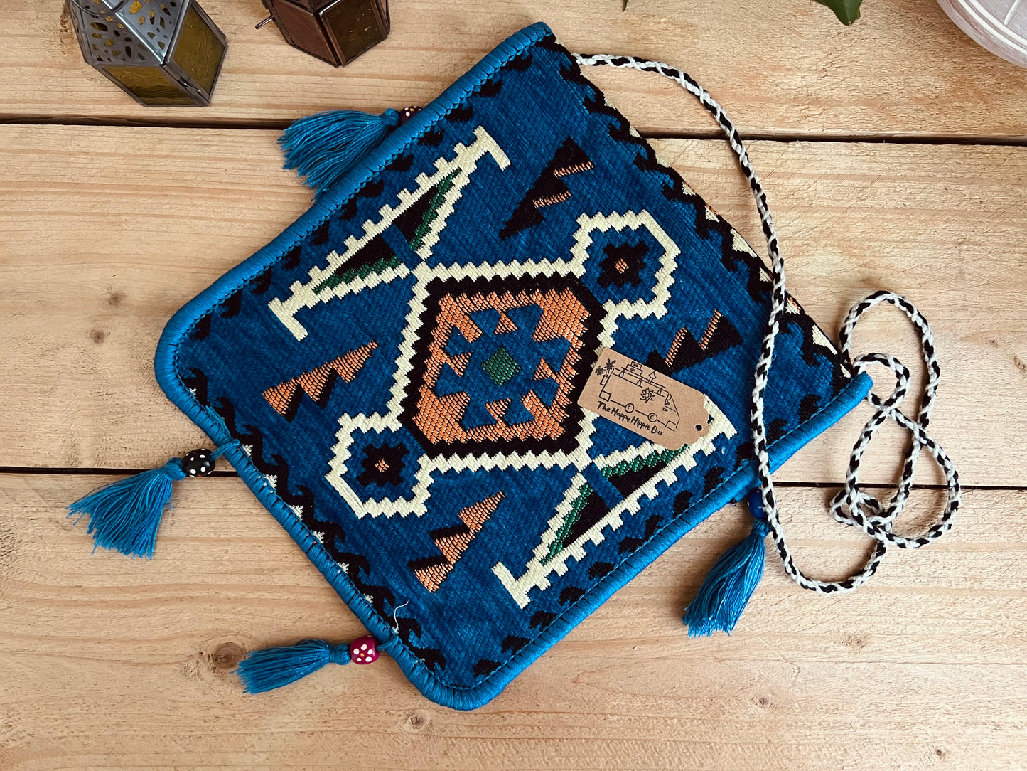 Handmade Fair Trade Turkish Kilim Shoulder Bag IN Sky Blue With a Black & White String Strap Flap Pocket Wooden Beads and Tassels Sky Blue