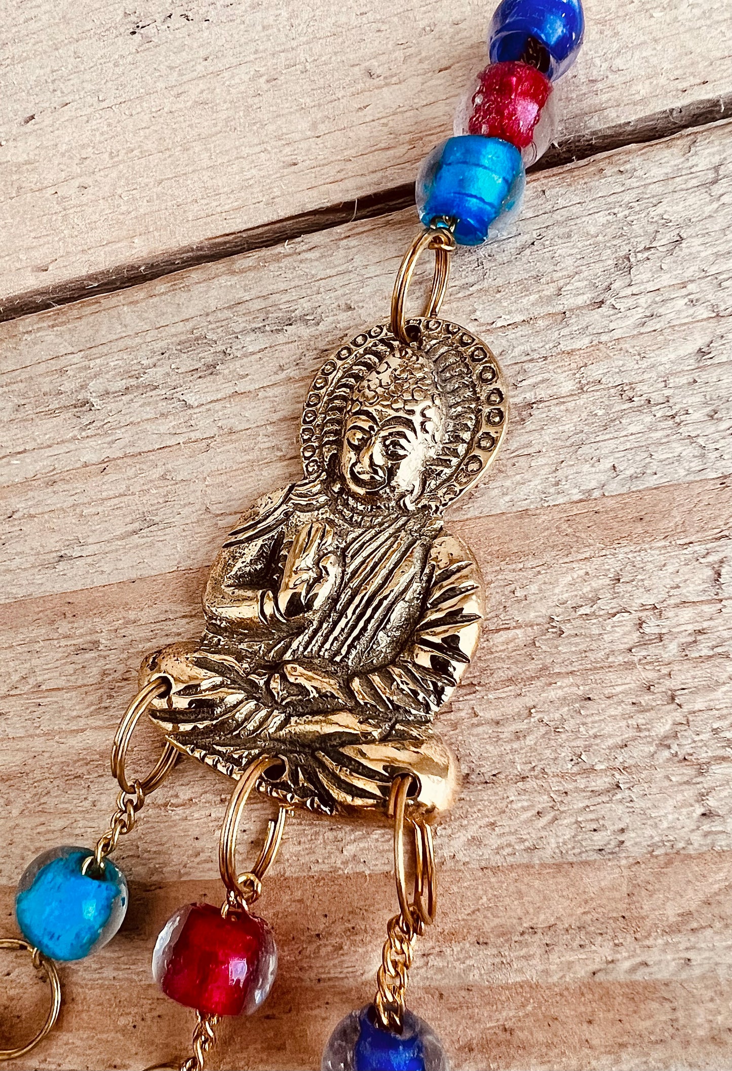 Handmade Fair Trade Recycled Brass Sitting Buddha Hanging Bell Mini With Glass Beads Hanging Bells