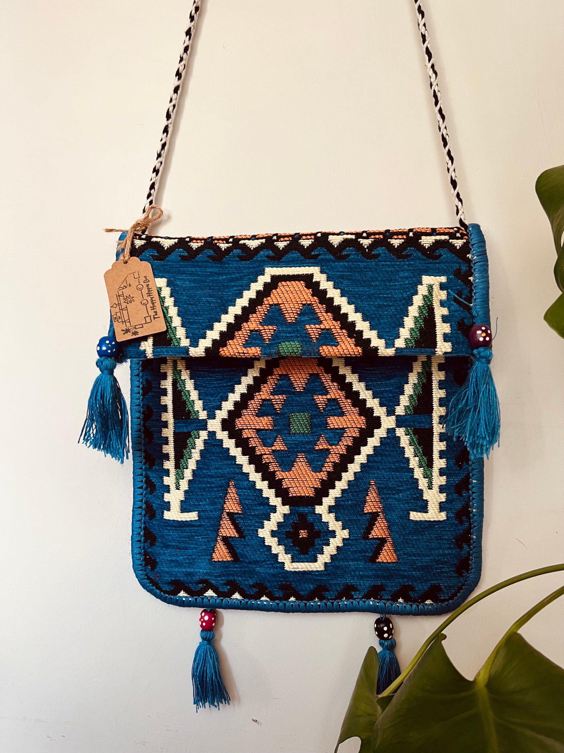 Handmade Fair Trade Turkish Kilim Shoulder Bag IN Sky Blue With a Black & White String Strap Flap Pocket Wooden Beads and Tassels Sky Blue