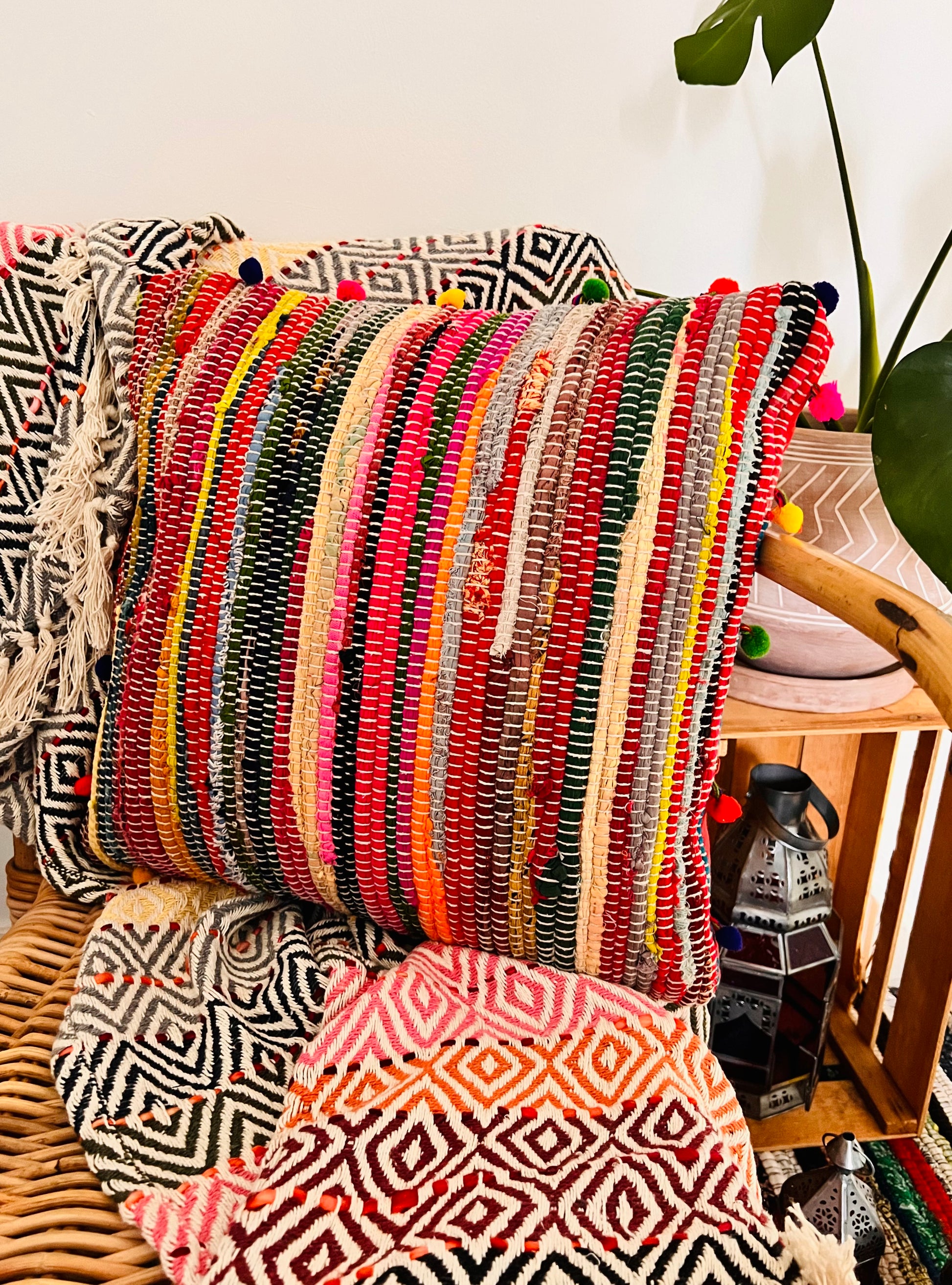 Recycled Rag rug Pom Pom cushion complete fair trade handmade 