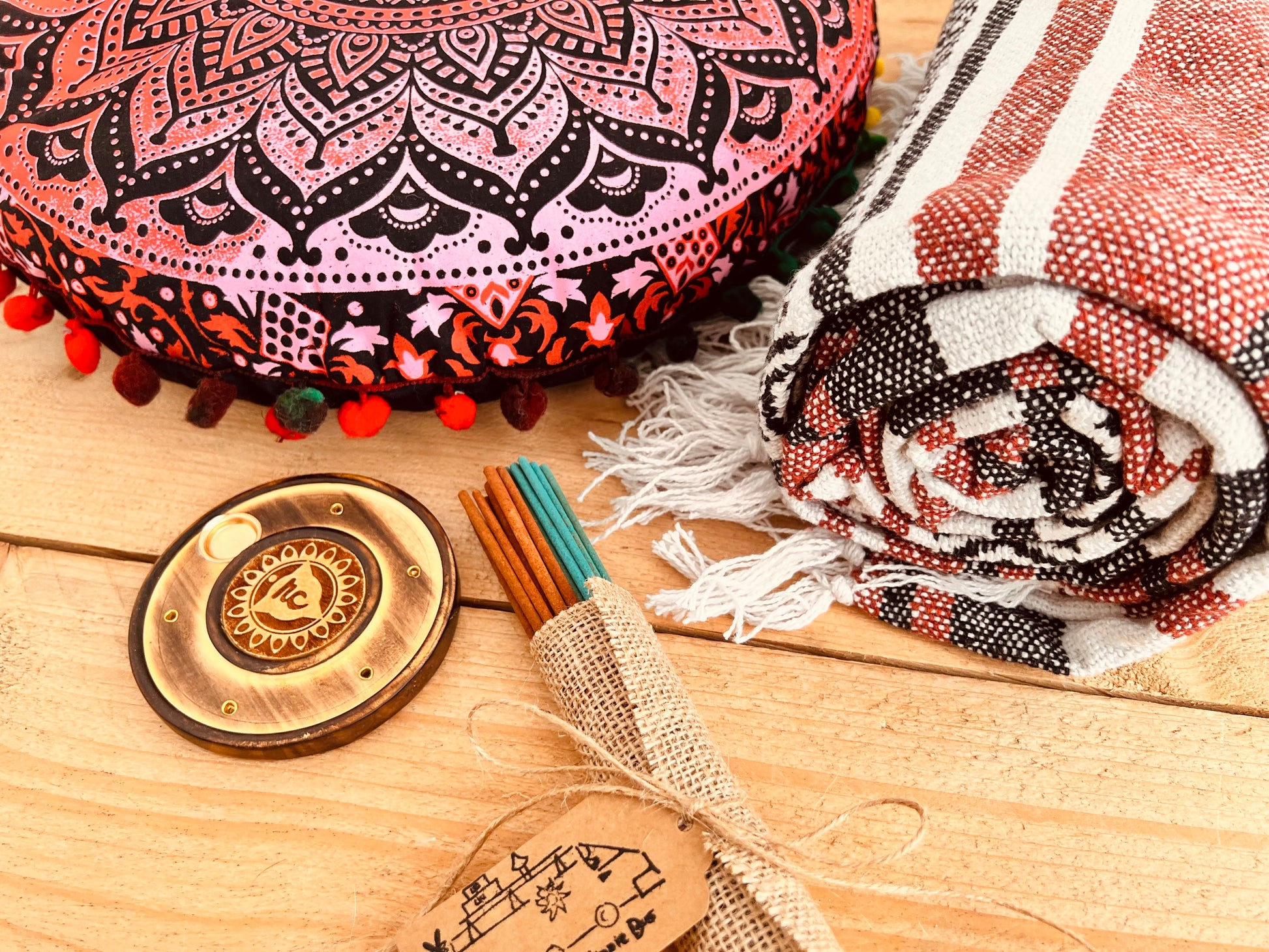 Handmade red meditation set with red mandala print handmade cushion, throw, meditation incense and yoga mat bag and incense holder – eco-friendly yoga gift set for mindfulness and relaxation, self care gift 