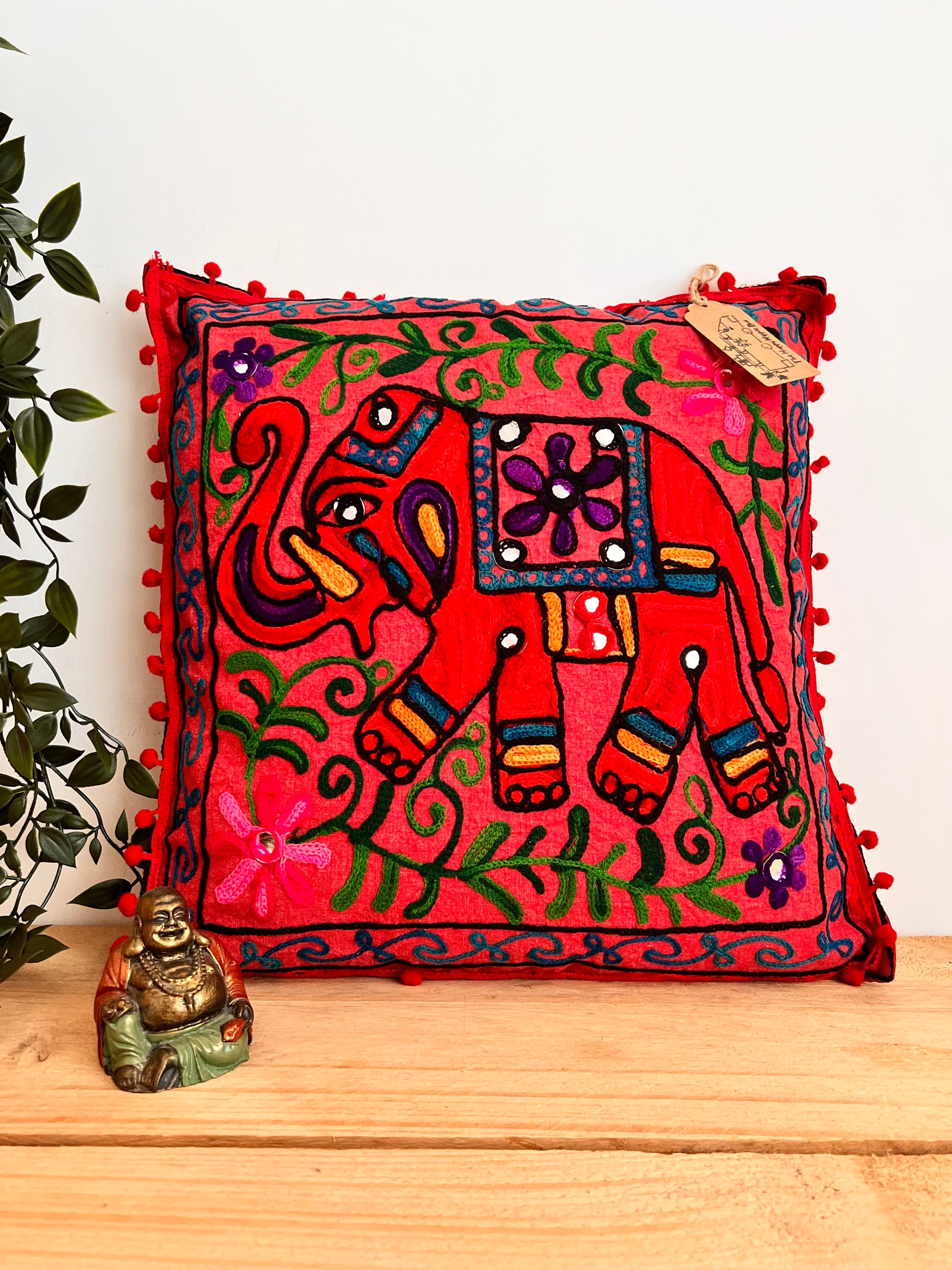 Handmade Embroidered Bohemian Elepahnt Pink Purple Hippie Cushion Cover With Pom Pom Edge Fair Trade Ethically Sourced Handmade