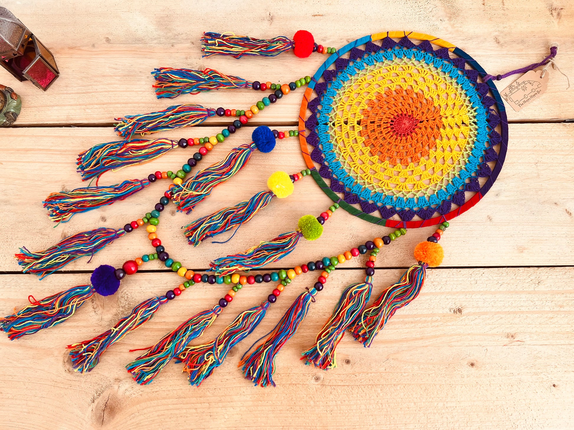 Large rainbow crochet dream catcher colourful pom pom beads dreamcatcher extra large long hanging boho hippie home decor dream catcher colourful vibrant rainbow living room, bedroom decor gift