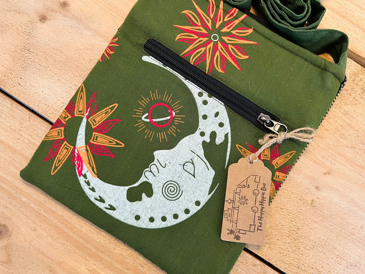 Handmade Forest Green Nepalese Cotton Moon Print Passport Crossbody Bag