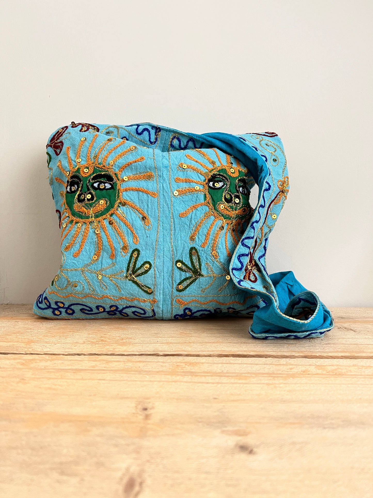 Handmade Fair Trade Hand Embroidered Smiling Indian Sun Shoulder Bag Festival Travel Bohemian Bag Blue