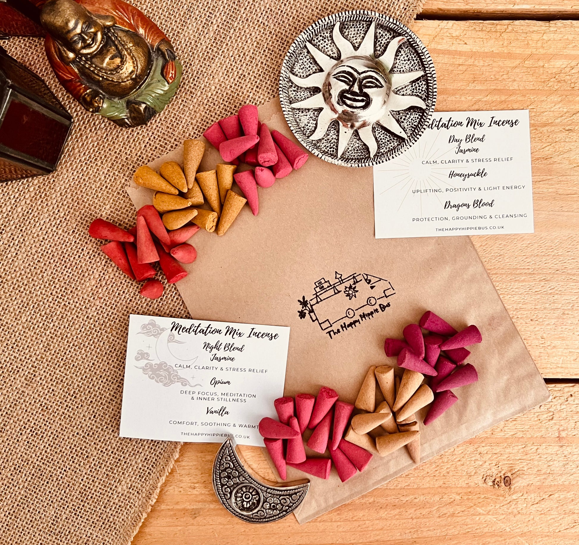 Night & Day Meditation Incense Cones a complementary duo for mindful routines. Day blend includes Honeysuckle, Jasmine & Dragon’s Blood. Night Jasmine, Vanilla & Opium uplifting & calming and grounding incense. Perfect for morning focus, evening stillness, yoga, and sleep rituals.